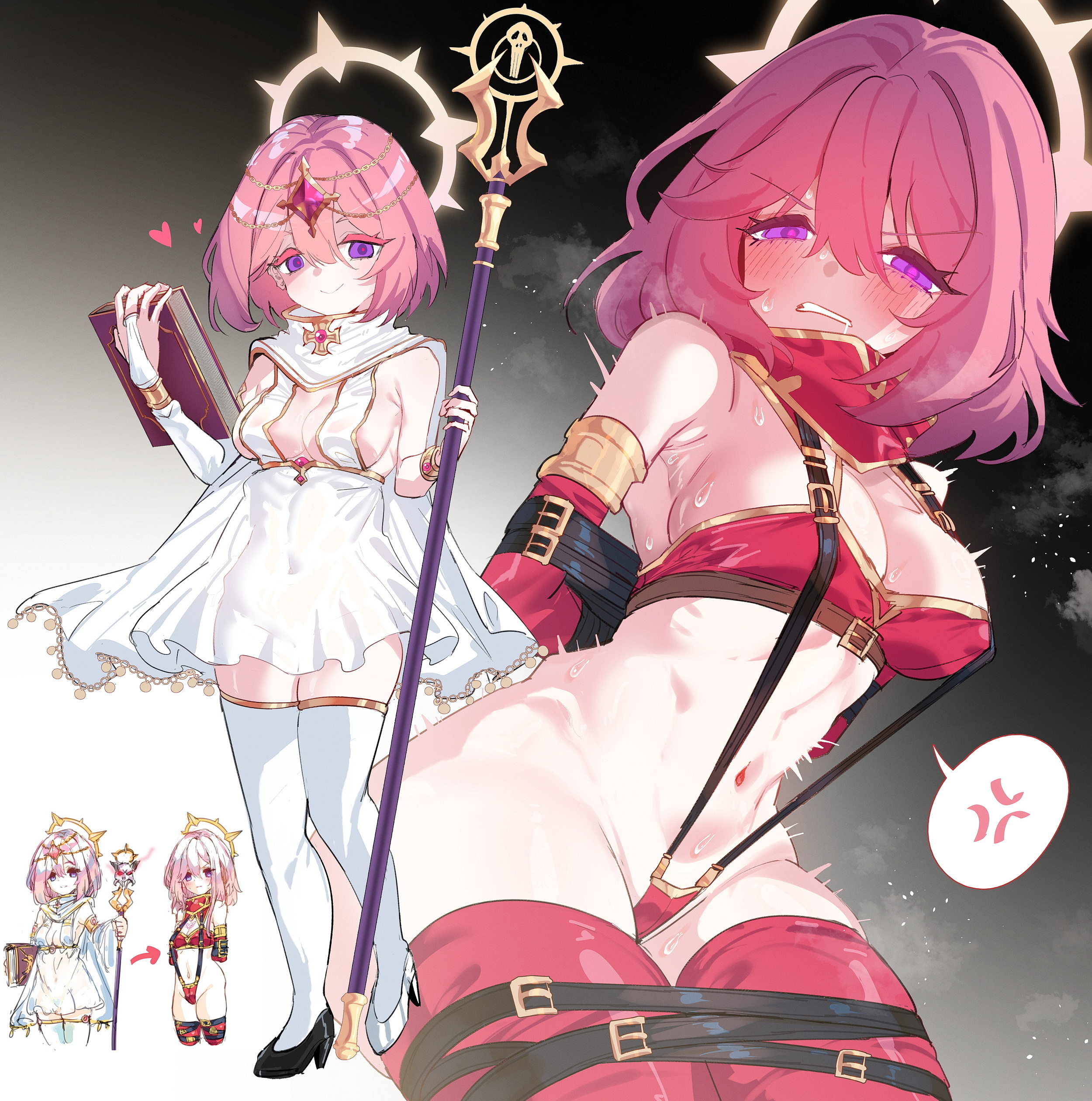rayno, original, absurdres, commentary, english commentary, highres, 1girl, anger vein, armpit crease, arms behind back, arrow (symbol), asymmetrical footwear, belt, belt buckle, black belt, black shoes, blush, book, bound, bound arms, bound legs, breasts, bridal gauntlets, buckle, closed mouth, corruption, cowboy shot, double-parted bangs, dress, full body, gradient background, grey background, hair between eyes, halo, heart, holding, holding book, holding staff, looking at viewer, medium breasts, mismatched footwear, mismatched shoes, multiple views, navel, pink hair, purple eyes, red thighhighs, revealing clothes, shoes, short hair, silver shoes, single bridal gauntlet, smile, speech bubble, spoken anger vein, staff, sweat, thighhighs, thighs, very sweaty, white bridal gauntlets, white dress, white thighhighs, yellow halo