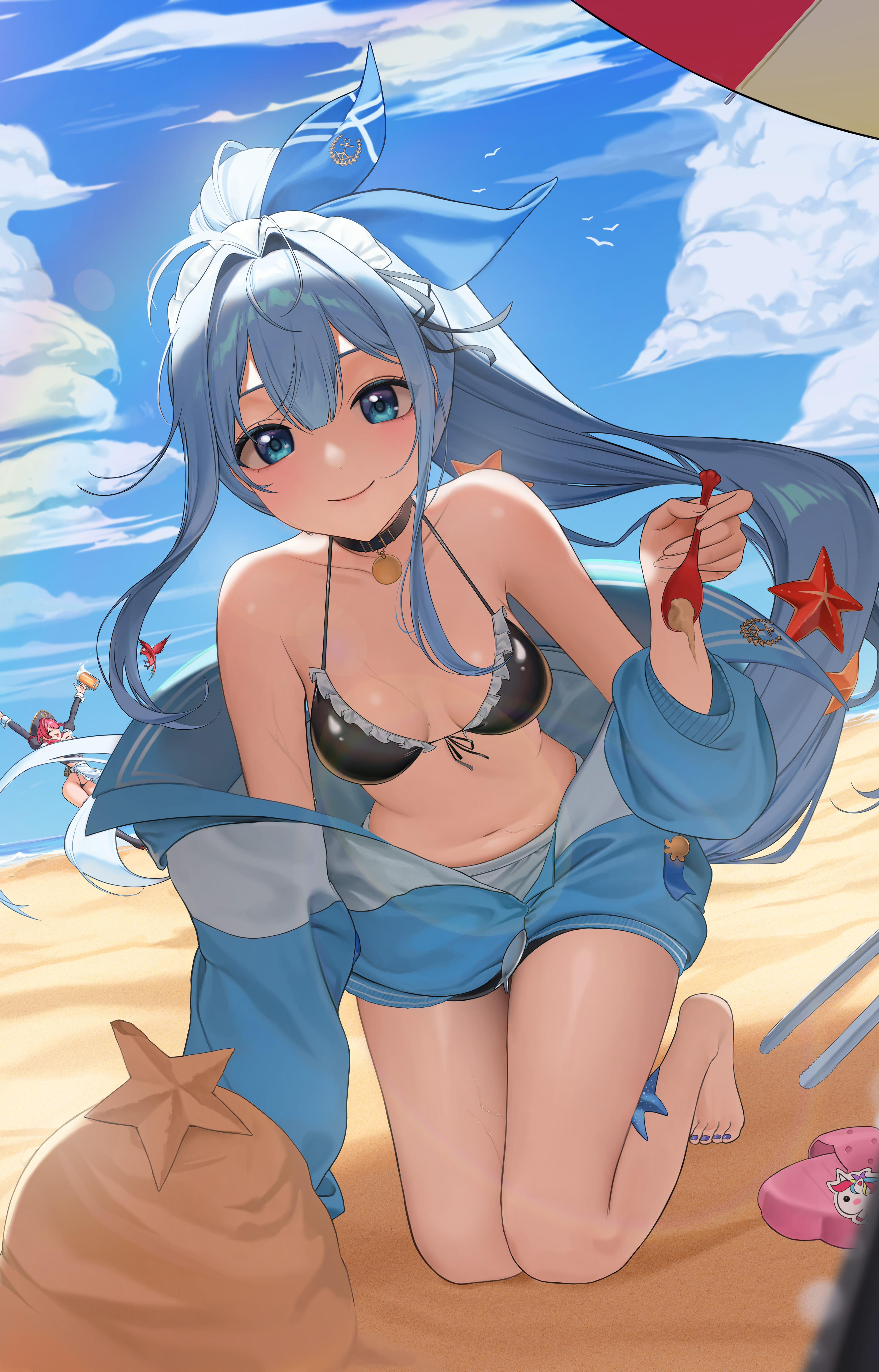 gani1127, anchor (innocent maid) (nikke), anchor (nikke), mast (nikke), mast (romantic maid) (nikke), goddess of victory: nikke, absurdres, commentary, highres, 2girls, bare shoulders, beach, bikini, black bikini, black choker, blue eyes, blue hair, blue jacket, blue nails, blush, bow, breasts, choker, cleavage, closed mouth, cloud, cloudy sky, collarbone, full body, hair bow, jacket, long hair, looking at viewer, multiple girls, nail polish, open clothes, open jacket, ponytail, sand, sky, small breasts, solo focus, starfish, swimsuit, toenail polish, toenails