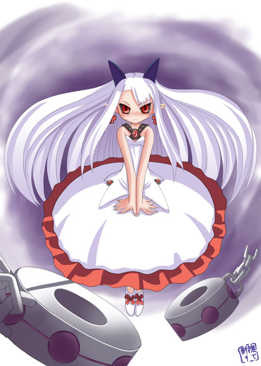 pram (phantom kingdom), disgaea, nippon ichi, phantom kingdom, 1girl, bubble skirt, cuffs, demon, demon girl, dress, female focus, horns, red eyes, shackles, skirt, solo, white hair