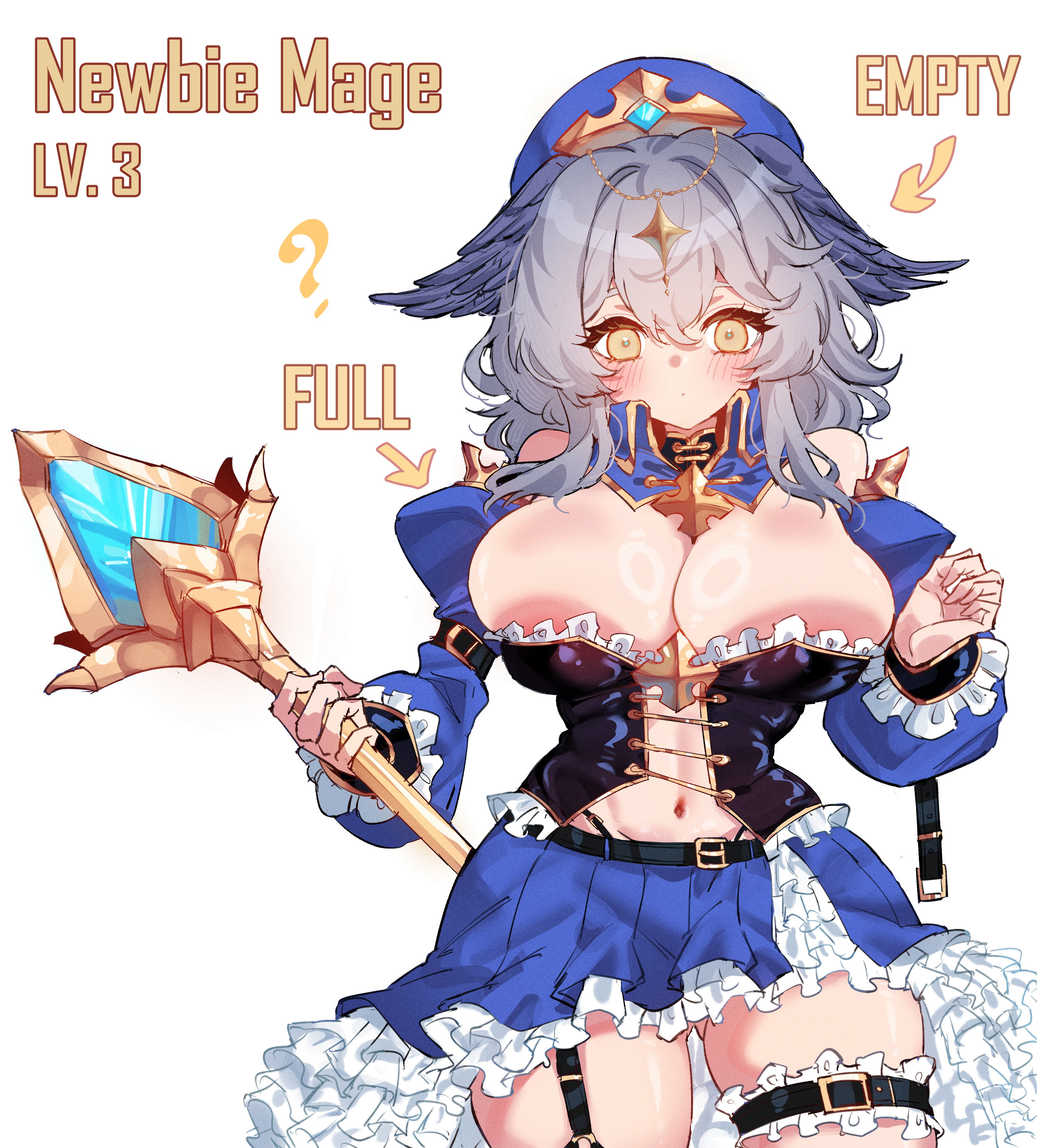 rayno, original, absurdres, commentary, english commentary, highres, 1girl, ?, apron, belt, belt buckle, black belt, black bodice, blue collar, blue hat, blue skirt, blue sleeves, blush, breasts, buckle, closed mouth, collar, cowboy shot, detached collar, detached sleeves, dot mouth, double-parted bangs, english text, frilled apron, frilled sleeves, frilled thigh strap, frills, grey hair, hair between eyes, hat, head wings, holding, holding staff, large breasts, long sleeves, looking at viewer, medium hair, miniskirt, navel, pleated skirt, simple background, skirt, solo, staff, thigh strap, white background, wings, yellow eyes