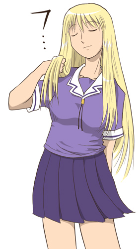 ayase asagi, azumanga daiou, yotsubato!, lowres, non-web source, adjusting hair, blonde hair, closed eyes, long hair, school uniform, serafuku, solo
