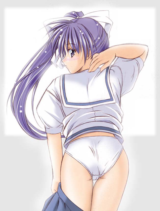 itou noemi, with you, non-web source, 00s, 1girl, :o, ass, blue eyes, blue hair, blue theme, cameltoe, clothes pull, embarrassed, female focus, from behind, hair ribbon, high side ponytail, long hair, looking back, matching hair/eyes, open mouth, panties, pleated skirt, ponytail, profile, ribbon, school uniform, side ponytail, skirt, skirt pull, solo, standing, surprised, thigh gap, thighs, underwear, undressing, very long hair, white panties, window