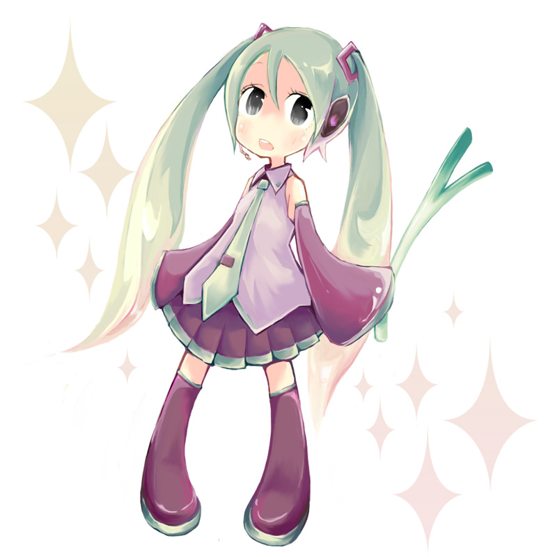 hirary, hatsune miku, vocaloid, detached sleeves, green hair, long hair, necktie, skirt, solo, spring onion, thighhighs, twintails