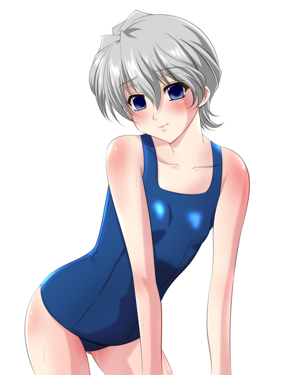 reni milchstrasse, sakura taisen, silver hair, highres, non-web source, 00s, blue eyes, flat chest, one-piece swimsuit, school swimsuit, short hair, solo, swimsuit
