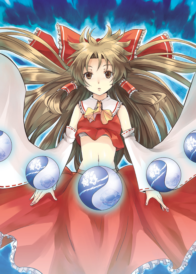 gin'ichi (akacia), ginichi, hakurei reimu, touhou, 1girl, bow, brown eyes, brown hair, detached sleeves, expressionless, female focus, floating hair, hair bow, hair tubes, japanese clothes, long hair, midriff, miko, nail polish, navel, pink nails, sarashi, solo, yin yang