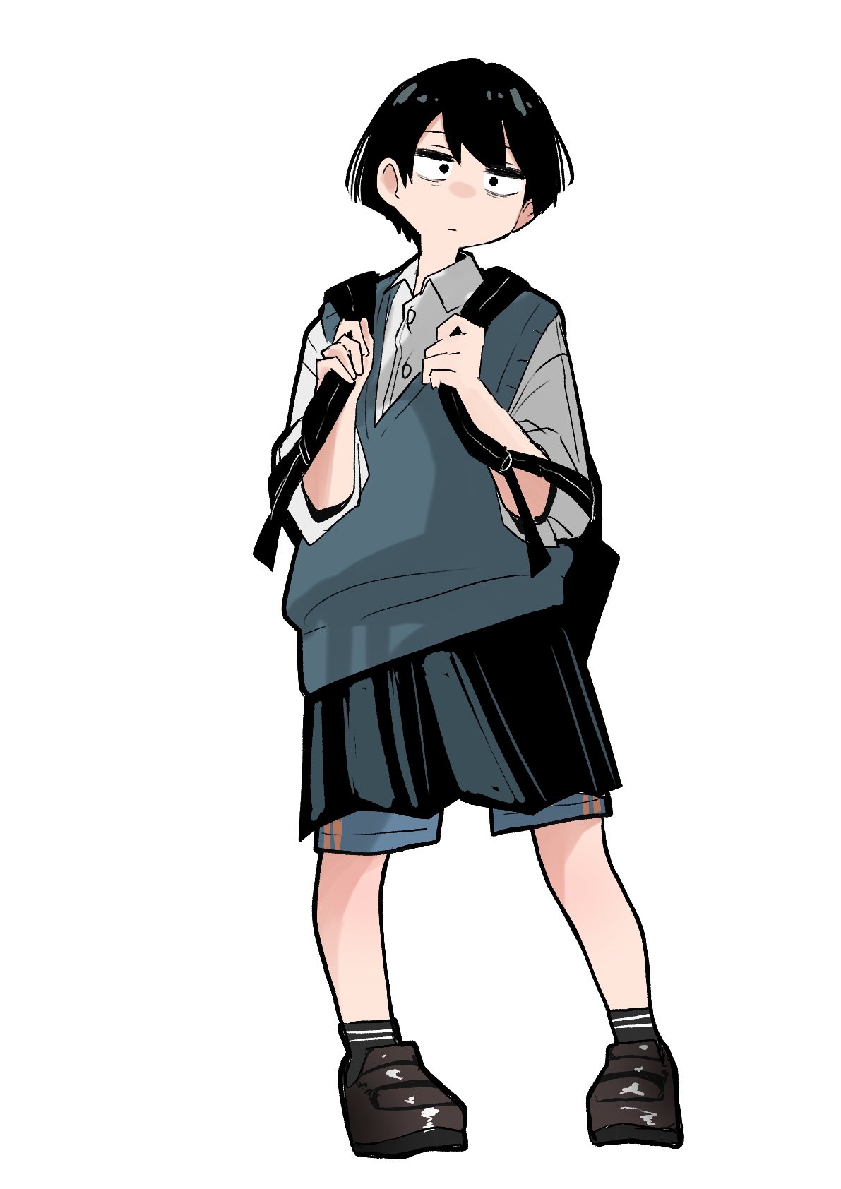 itochin d, original, highres, 1girl, backpack, bag, black eyes, black hair, full body, holding strap, male focus, shirt, shoes, shorts, socks, solo, standing, watch, white background, wristwatch