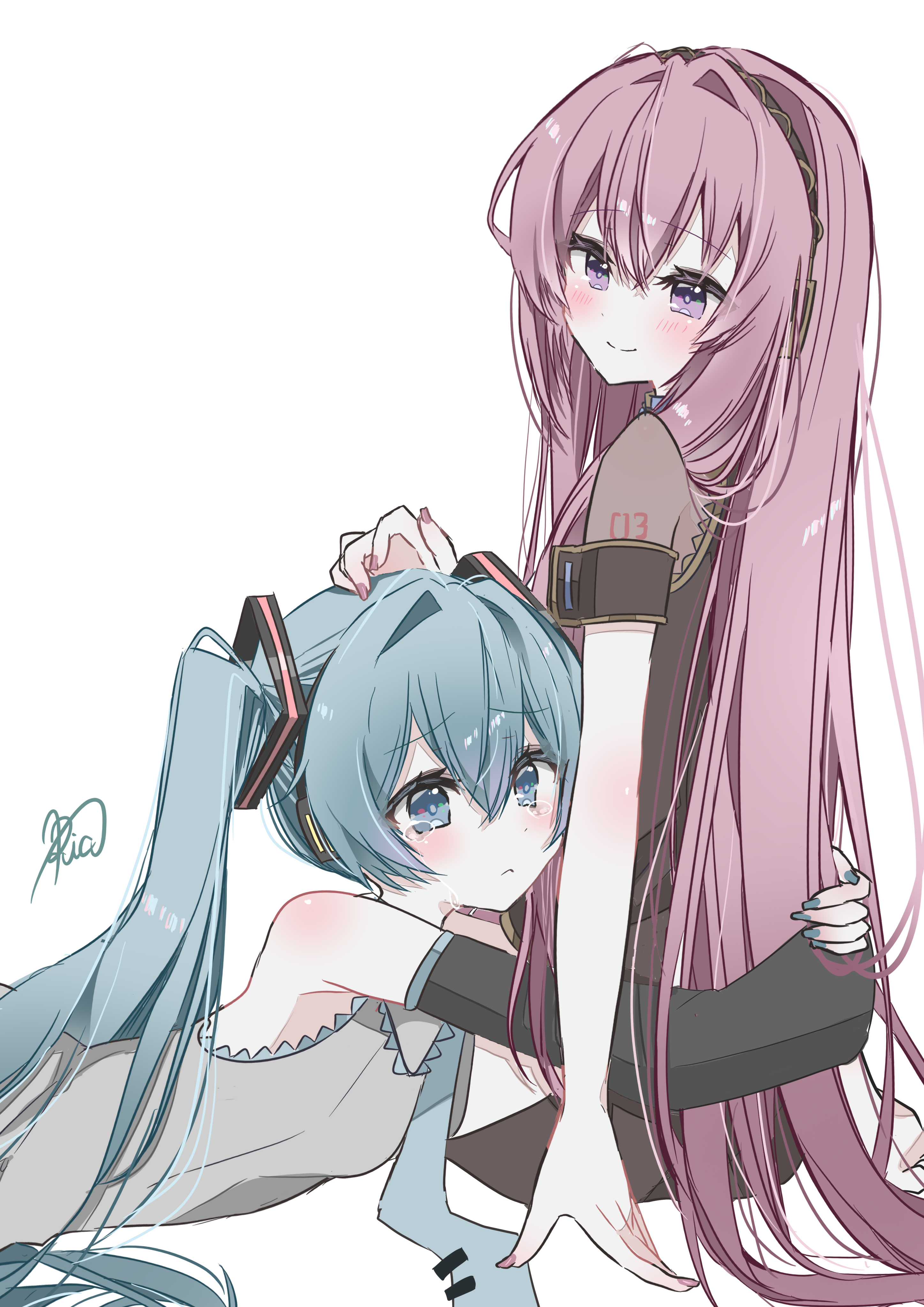 ria art, hatsune miku, megurine luka, vocaloid, absurdres, commentary, highres, 2girls, aqua eyes, aqua hair, aqua necktie, arm support, bare shoulders, blush, breasts, detached sleeves, frown, grey shirt, hair between eyes, hair ornament, headpat, headphones, hug, long hair, looking at another, looking at viewer, looking back, lying, multiple girls, necktie, on stomach, pink nails, shirt, short sleeves, sidelocks, signature, simple background, sitting, sleeveless, sleeveless shirt, small breasts, smile, tearing up, twintails, very long hair, white background, yuri