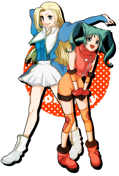 iseyun, milkychaos, rose anderson, solty revant, solty rei, bad id, bad pixiv id, 00s, 2girls, blonde hair, blue eyes, drill hair, green eyes, green hair, long hair, multiple girls, rita revant, skirt, spandex