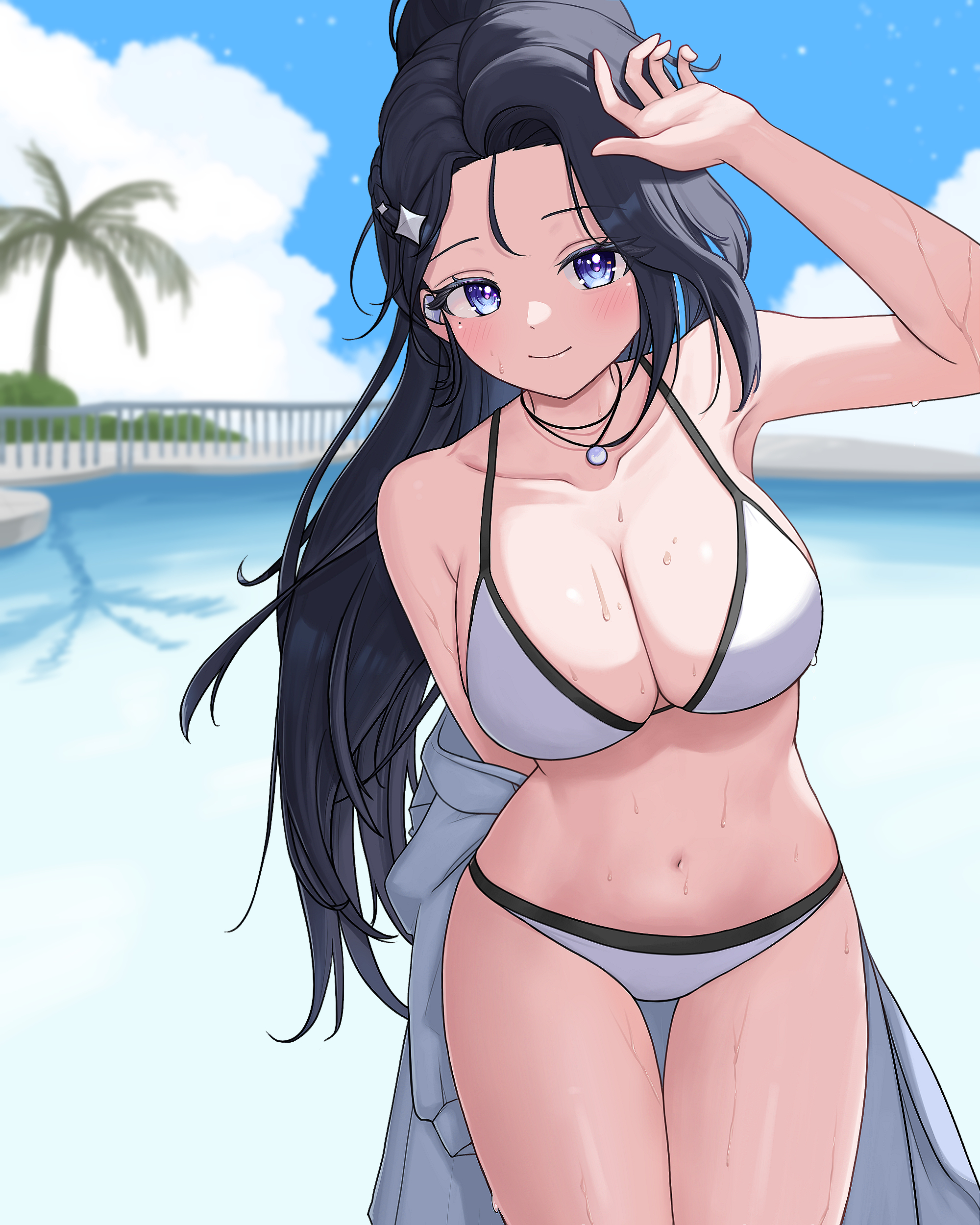 mirae d2oop, ive (stellive), stellive, absurdres, commentary, highres, 1girl, arm up, bikini, black hair, blue eyes, breasts, closed mouth, collarbone, cowboy shot, curtained hair, day, grey bikini, jewelry, large breasts, long hair, looking at viewer, navel, necklace, outdoors, ponytail, smile, solo, standing, stomach, straight-on, swimsuit, very long hair, virtual youtuber