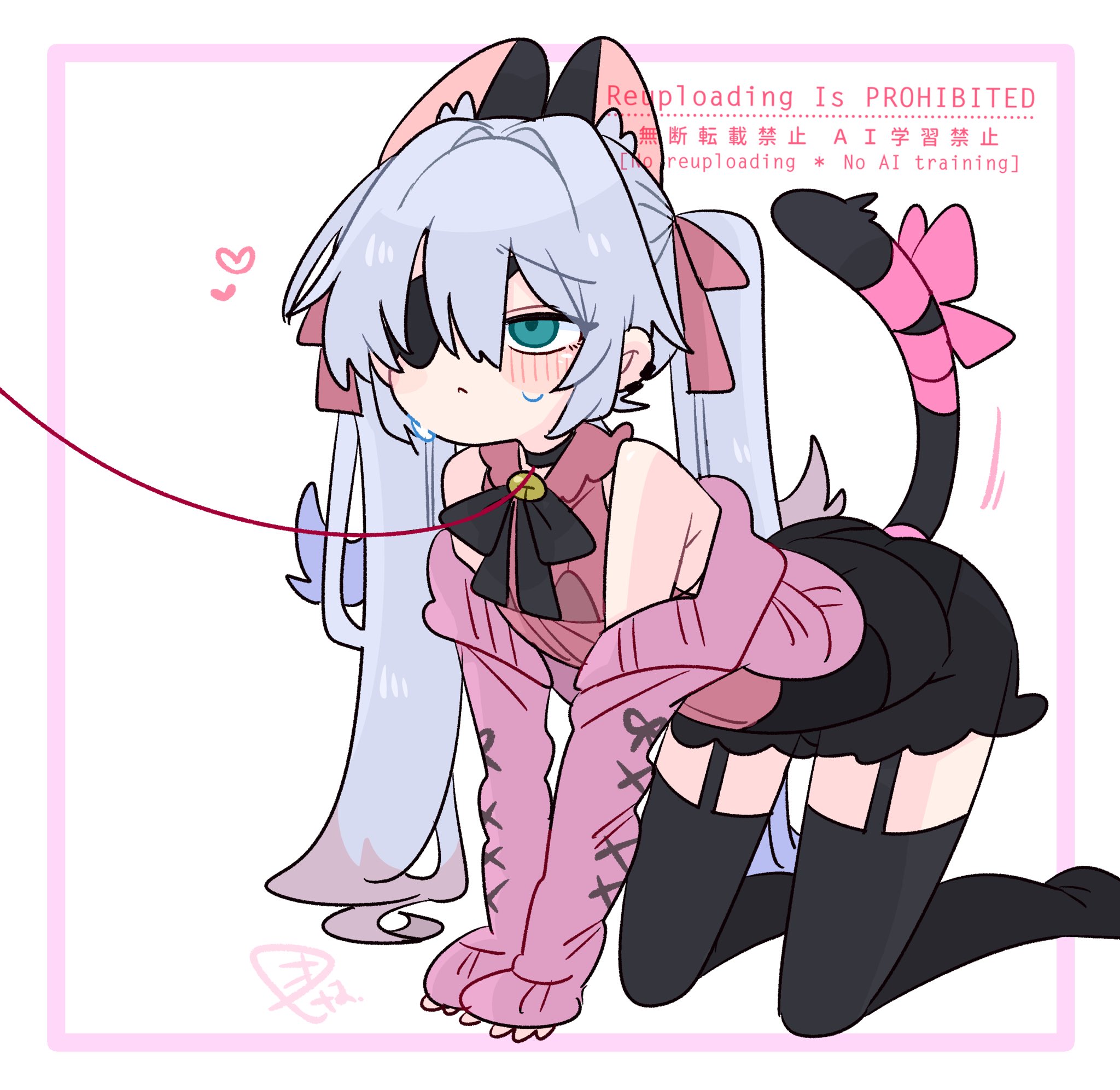 op na yarou, original, commentary, highres, 1boy, all fours, animal ear fluff, animal ears, armpit crease, bare shoulders, bell, black bra, black choker, black corset, black ribbon, black skirt, black tail, black thighhighs, blue eyes, blue hair, blush, bow, bra, bulge, cardigan, cat boy, cat ears, cat tail, choker, collar, colored tips, corset, crossdressing, crossdressing (mtf), double-parted bangs, earclip, extra ears, eyepatch, flipped hair, frilled collar, frills, frown, full body, garter straps, hair between eyes, hair bow, hair intakes, heart, leash, long hair, long sleeves, male focus, miniskirt, multicolored hair, neck bell, neck ribbon, no nose, no shoes, off shoulder, one eye covered, open cardigan, open clothes, panties, pink bow, pink cardigan, pink ribbon, pink shirt, quad tails, raised inner eyebrows, red hair, ribbon, rigel (op na yarou), see-through clothes, see-through shirt, see-through skirt, shirt, sidelocks, simple background, skirt, sleeveless, sleeveless shirt, sleeves past wrists, solo, straight hair, sweatdrop, tail, tail bow, tail ornament, tail ribbon, thighhighs, trap, underwear, very long hair, watermark, white background, white hair