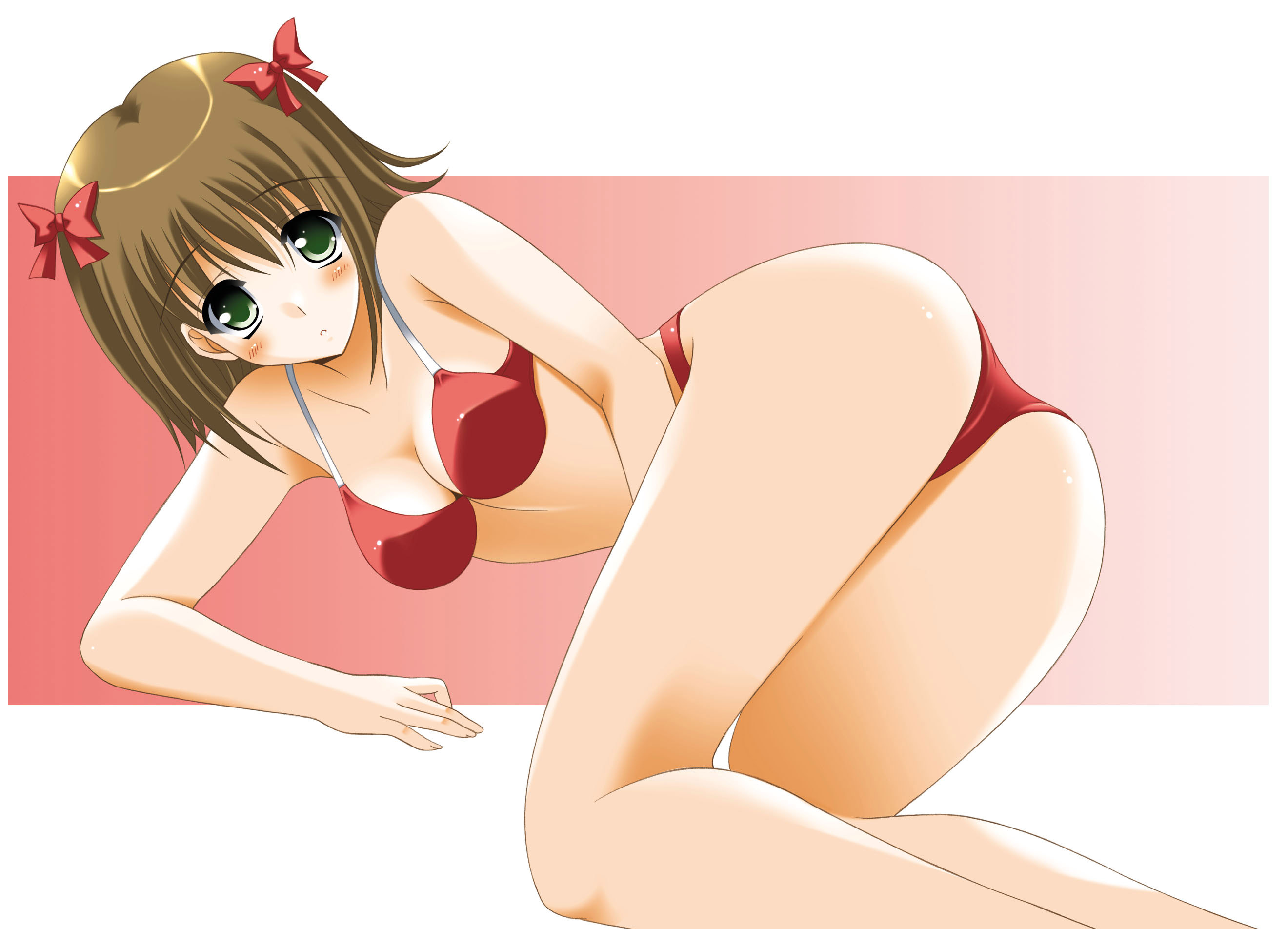 oda ken'ichi, amami haruka, idolmaster, idolmaster (classic), idolmaster 1, highres, 00s, 1girl, all fours, ass, bikini, breasts, brown hair, female focus, green eyes, looking back, lying, on side, red bikini, short hair, solo, swimsuit