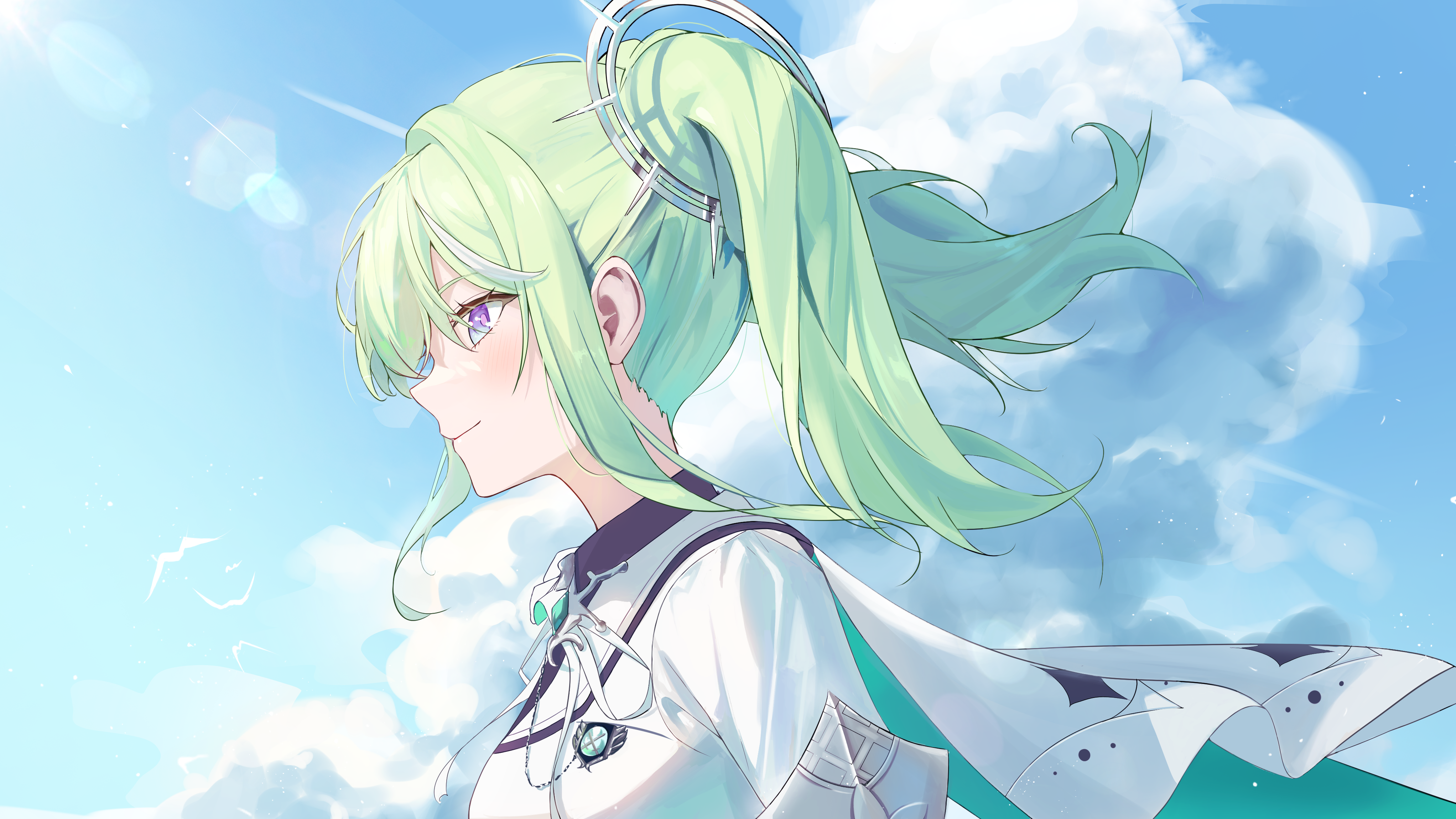 tsuyu (yzxx7825), yuzuha riko, stellive, absurdres, commentary, highres, 1girl, blue sky, cape, closed mouth, cloud, day, from side, green hair, looking ahead, medium hair, outdoors, purple eyes, shirt, sidelocks, sky, smile, solo, twintails, upper body, virtual youtuber, white cape, white shirt