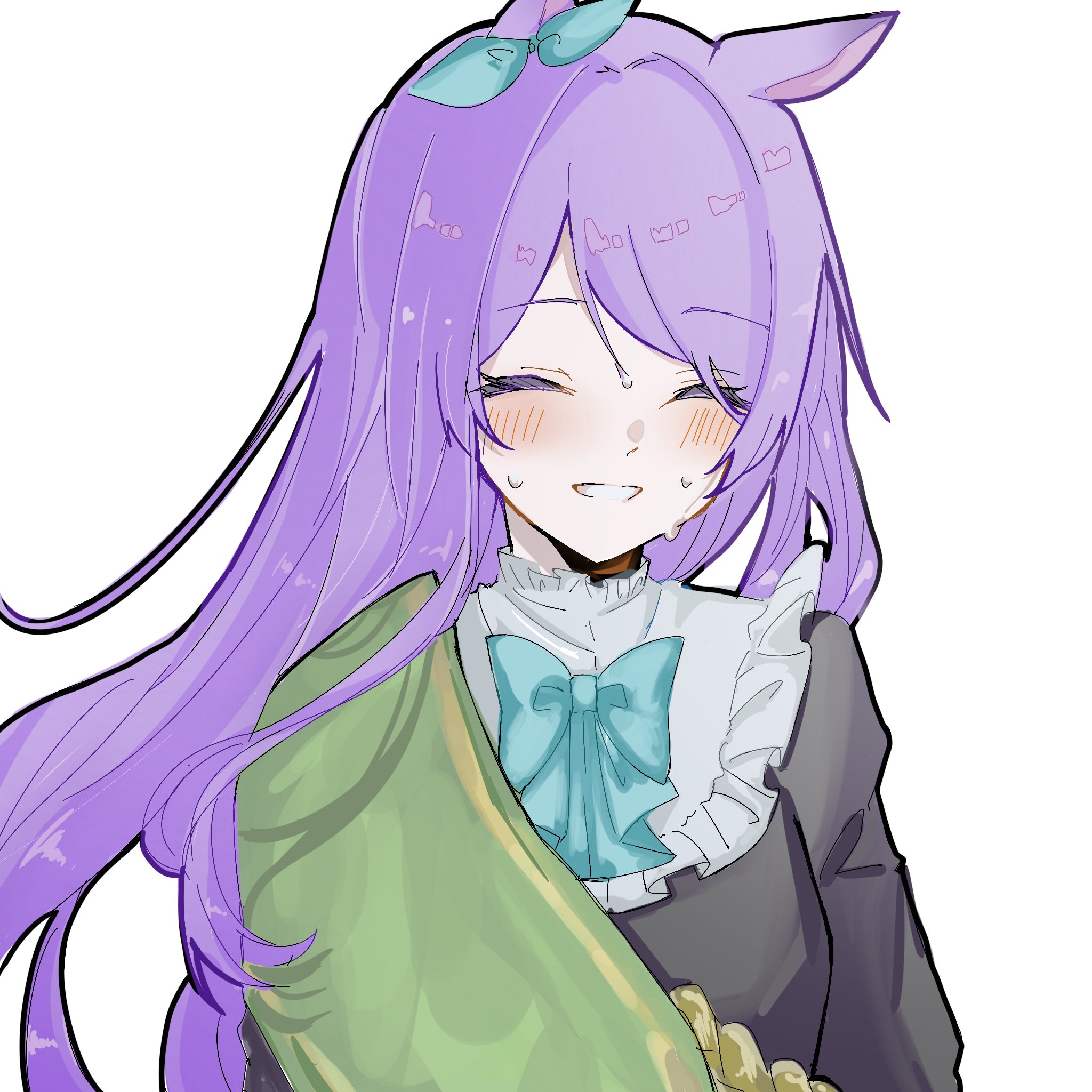 mejiro mcqueen (umamusume), umamusume, highres, 1girl, animal ears, aqua bow, blush, bow, closed eyes, horse ears, horse girl, nikoniko ahaha, purple hair, simple background, smile, solo, sweat, upper body, white background