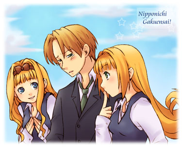 tsuyuka (sunny spot), crea rosenqueen, princess kururu, randy (marl kingdom), little princess, marl kingdom, nippon ichi, puppet princess (marl kingdom), rhapsody, lowres, 1boy, 2girls, blonde hair, blue eyes, formal clothes, green eyes, happy, long hair, male focus, multiple girls, necktie, school uniform, short hair, smile, suit