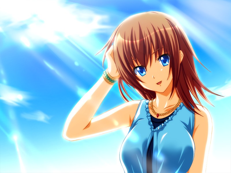 mizuhara yuu, shirayuki touko, zettai shiawase sengen!, game cg, non-web source, 1girl, blue eyes, bracelet, brown hair, casual, day, female focus, jewelry, light rays, necklace, short hair, sky, solo, sunbeam, sunlight