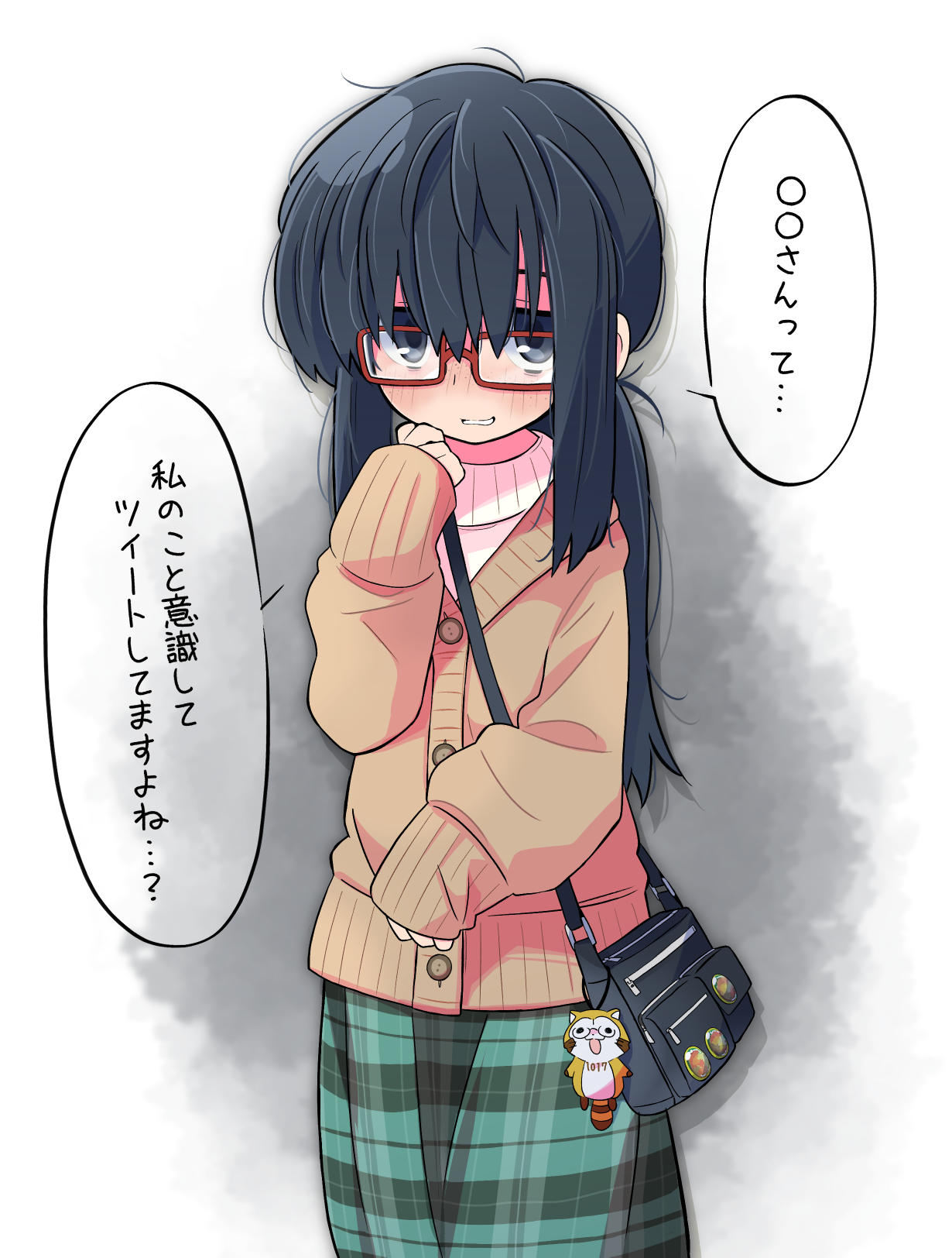 rascal (feuille), rascal (araiguma rascal), araiguma rascal, original, highres, 1girl, bag, bag charm, black hair, blush, charm (object), glasses, handbag, jimiko, long hair, plaid clothes, plaid skirt, red-framed eyewear, school bag, semi-rimless eyewear, shoulder bag, skirt, solo, speech bubble, sweater, twintails