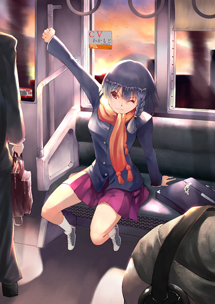 sts, original, 1girl, scarf, school uniform, sitting, solo focus, train, train interior