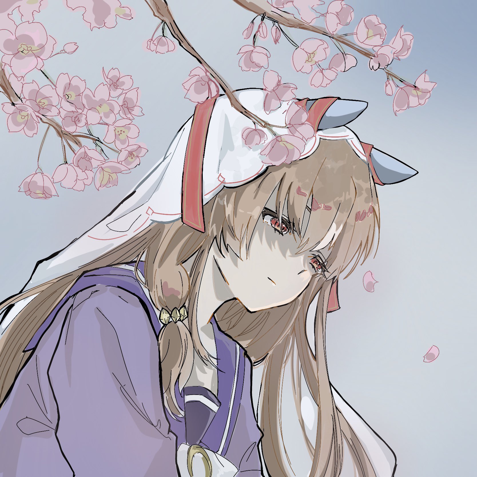 still in love (umamusume), umamusume, highres, 1girl, animal ears, branch, cherry blossoms, falling petals, flower, horse ears, horse girl, nikoniko ahaha, outdoors, petals, pink flower, pink petals, solo, tree, upper body, veil, white veil