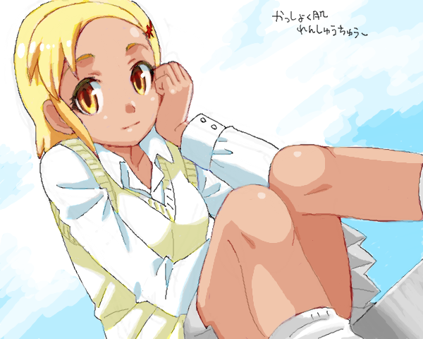 mattaku mousuke, angol mois, keroro gunsou, 1girl, dark-skinned female, dark skin, female focus, gyaru, kogal, loose socks, socks, solo, sweater vest, vest