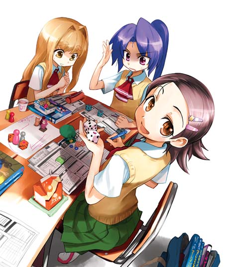 adachi yousuke, karasuyama sachi, mizuho momoko, washima fumi, original, quick start, 3girls, book, desk, dice, dutch angle, hair ornament, hairclip, looking up, milk, multiple girls, pen, playing games, school uniform, sitting, sweater vest, tabletop rpg, vest