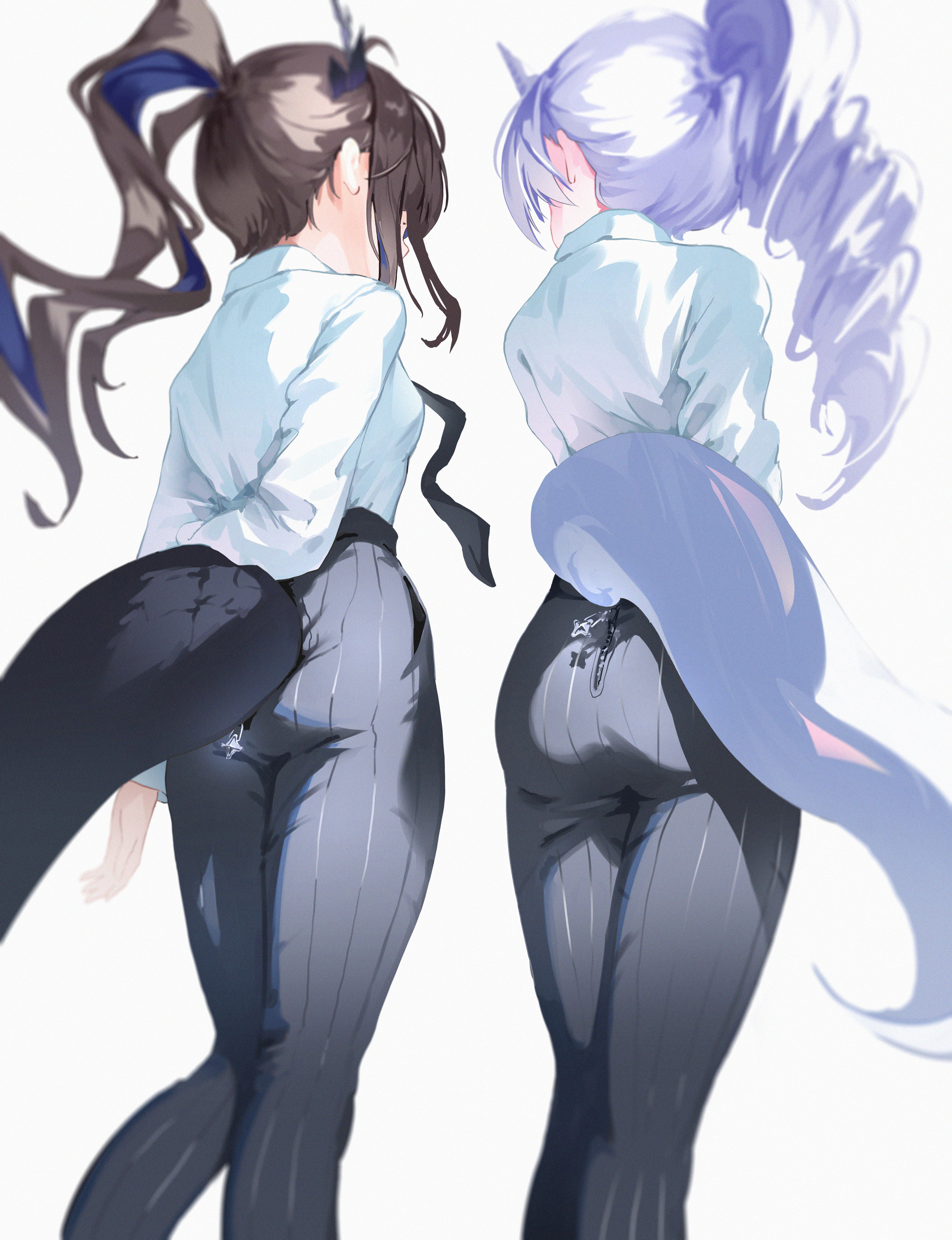 thumbsup stella, airi kanna, ayatsuno yuni, stellive, absurdres, commentary, highres, 2girls, ass, brown hair, drill hair, drill ponytail, feet out of frame, film grain, from behind, grey pants, long hair, long sleeves, multiple girls, pants, ponytail, purple hair, shirt, shirt tucked in, simple background, standing, tail, virtual youtuber, wavy hair, white background, white shirt, zipper