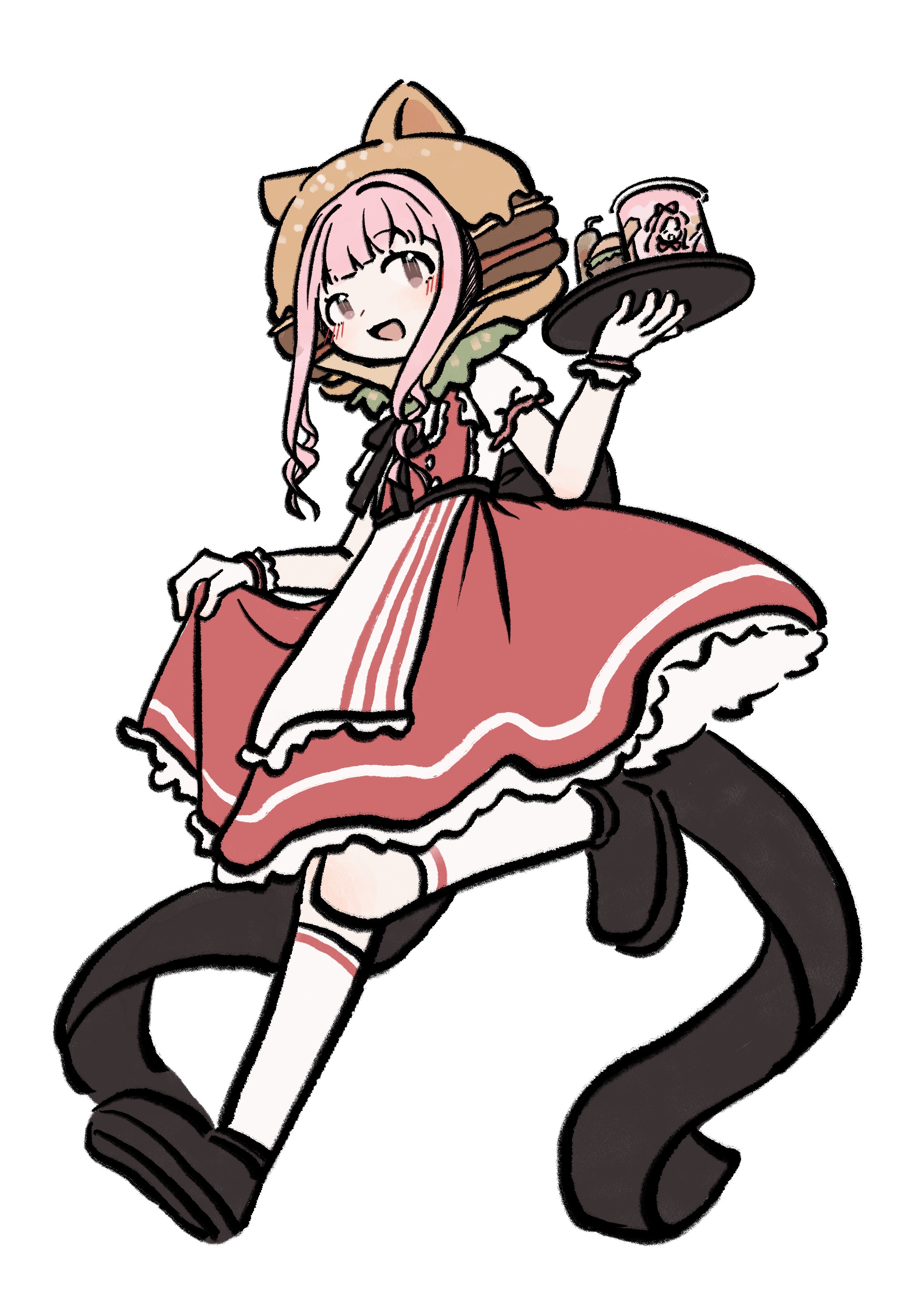 nikki (nikki), infinity nikki, kfc, nikki (series), absurdres, chinese commentary, commentary request, highres, 1girl, animal ear headwear, animal ears, apron, back bow, black bow, black bowtie, black shoes, blunt bangs, bow, bowtie, brown eyes, bucket, burger, buttons, cat ears, cup, disposable cup, dress, dress shoes, drinking straw, eyelashes, fake animal ears, flat color, food, food-themed hat, frilled apron, frilled dress, frilled gloves, frills, full body, gloves, happy, hei5361994, holding, holding tray, kneehighs, leg up, light blush, long sidelocks, medium dress, open mouth, pinafore dress, pink hair, pleated dress, puffy short sleeves, puffy sleeves, red dress, running, shirt, shoes, short hair with long locks, short sleeves, sidelocks, simple background, skirt hold, sleeveless, sleeveless dress, smile, socks, solo, striped apron, striped clothes, tareme, tray, vertical-striped apron, vertical-striped clothes, waist apron, waitress, wavy hair, white apron, white background, white gloves, white shirt, white socks
