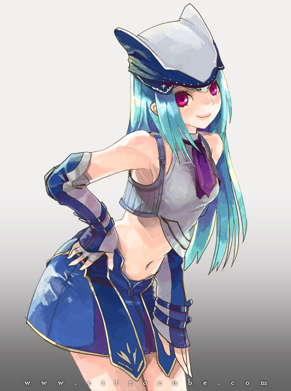 kiryuu tsukasa (citrocube), capcom, fantasy earth zero, monster hunter (series), 1girl, armpits, bare shoulders, bent over, blue hair, detached sleeves, female focus, fingerless gloves, gloves, hat, long hair, midriff, pink eyes, red eyes, simple background, skirt, solo