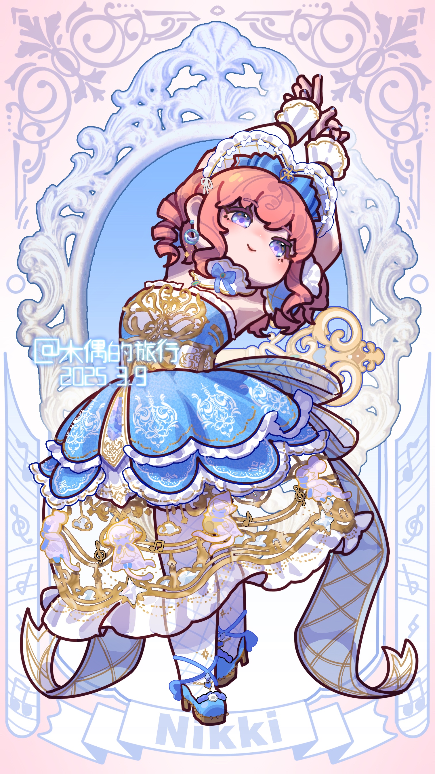 timeless melody (infinity nikki), infinity nikki, nikki (series), absurdres, chinese commentary, commentary request, highres, 1girl, ankle ribbon, argyle bow, argyle clothes, argyle pantyhose, argyle sleeves, arms up, artist name, back bow, banner, bare shoulders, blue bow, blue bowtie, blue dress, blue eyes, blue ribbon, blue shoes, blue sleeves, bonnet, bow, bow choker, bowtie, character print, chibi, choker, classic lolita, closed mouth, curly hair, dancing, dated, detached sleeves, dress, drill hair, earrings, eyelashes, faewish sprite, footwear bow, fortissimo, frilled choker, frilled dress, frilled headwear, frilled sleeves, frills, hair between eyes, hair bow, hair ornament, hat, hat ribbon, head tilt, heart-shaped bonnet, high heels, jewelry, layered dress, leg ribbon, light blush, lolita fashion, looking at viewer, medium hair, mirror, musical note, musical note hair ornament, musical staff, orange hair, outside border, pantyhose, picture frame, pink background, print dress, puffy short sleeves, puffy sleeves, ribbon, shoes, short sleeves, smile, solo, strapless, strapless dress, treble clef, white arm warmers, white bonnet, white bow, white choker, white pantyhose, white ribbon, winding key, yemuzi