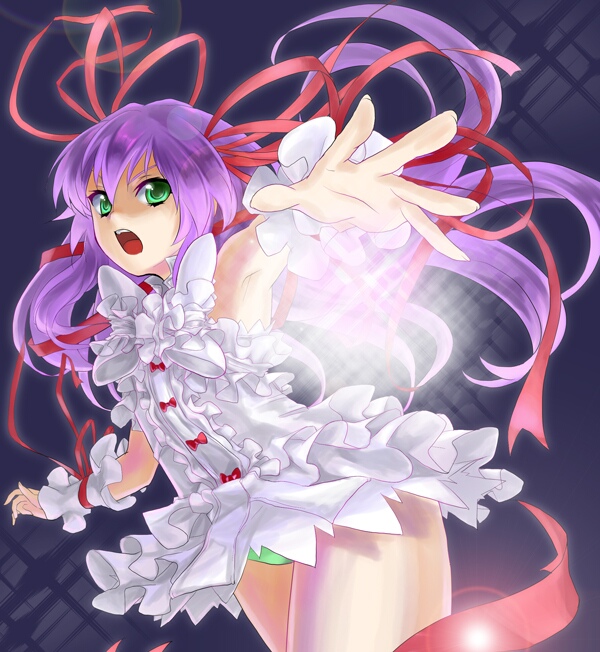 geroro, al azif (demonbane), demonbane, bad id, bad pixiv id, 00s, 1girl, buttons, dress, dutch angle, female focus, foreshortening, frills, gathers, glowing, green eyes, hair ribbon, light particles, long hair, magic, panties, pantyshot, purple hair, ribbon, short dress, solo, underwear, wristband
