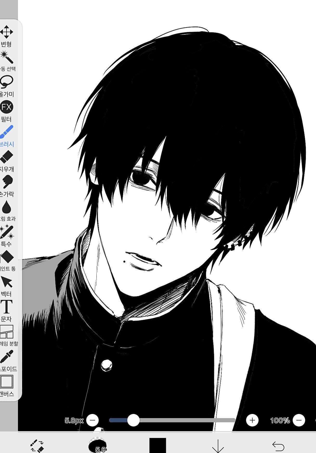 sso s, yoshida hirofumi, chainsaw man, highres, 1boy, art program in frame, bag, ear piercing, gakuran, greyscale, hair between eyes, looking at viewer, lower teeth only, male focus, mole, mole under mouth, monochrome, multiple piercings, piercing, school uniform, short hair, shoulder bag, solo, teeth, upper body