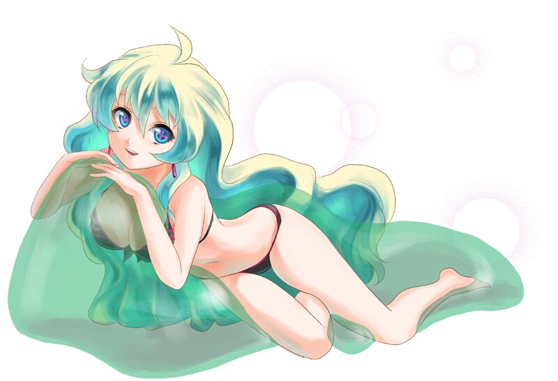 geroro, nia teppelin, tengen toppa gurren lagann, bad id, bad pixiv id, + +, 00s, 1girl, ahoge, barefoot, bikini, blob, breasts, cleavage, cross-shaped pupils, female focus, large breasts, legs, long hair, multicolored hair, slime (substance), smile, solo, swimsuit, symbol-shaped pupils