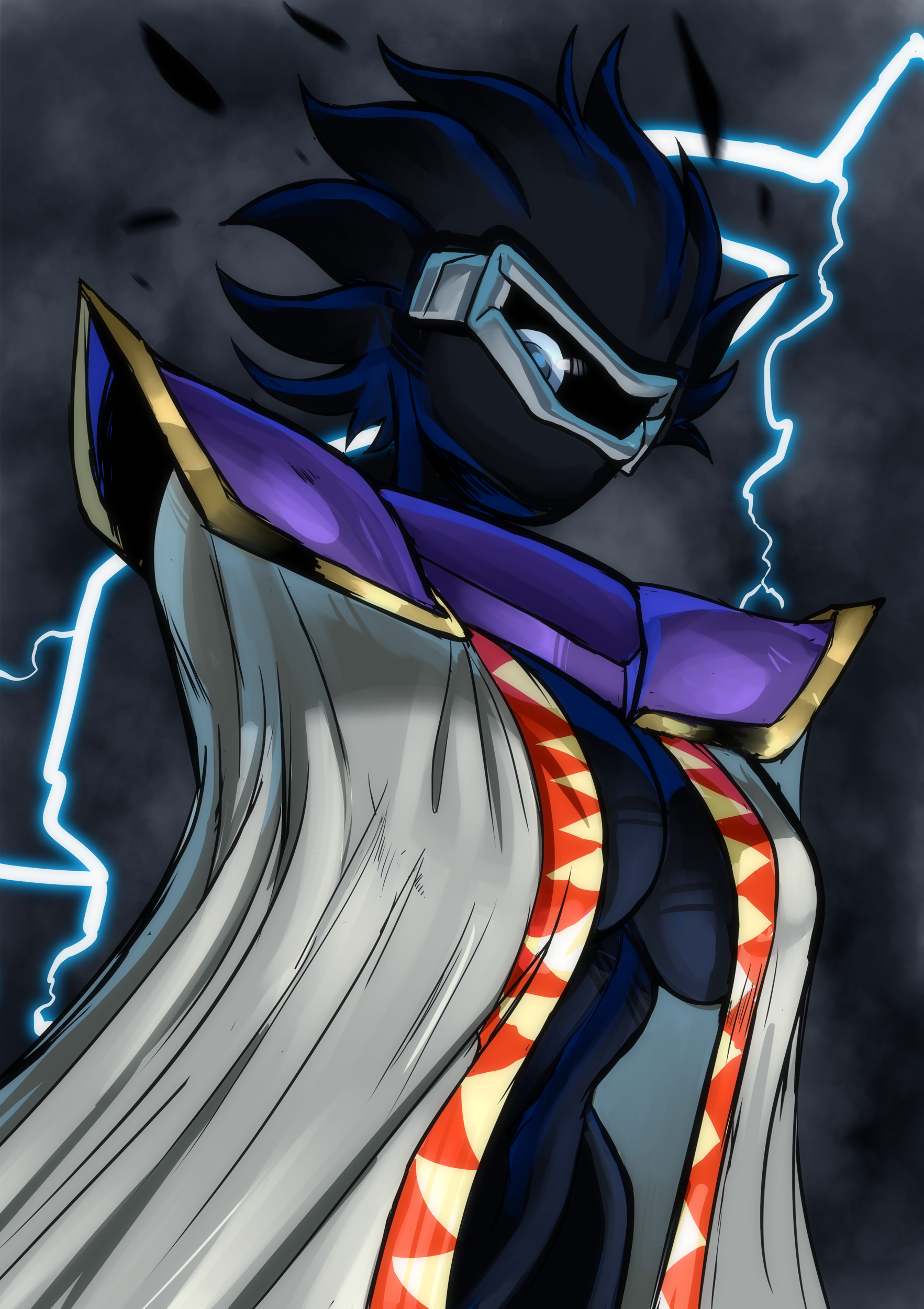 teevo, dark matter (kirby), kirby (series), nintendo, armor, breasts, cleavage, cleft of venus, cloud, cloudy sky, dark sky, genderswap, genderswap (mtf), goggles, large breasts, lightning, lightning bolt symbol, one eye covered, pauldrons, robe, shoulder armor, sky