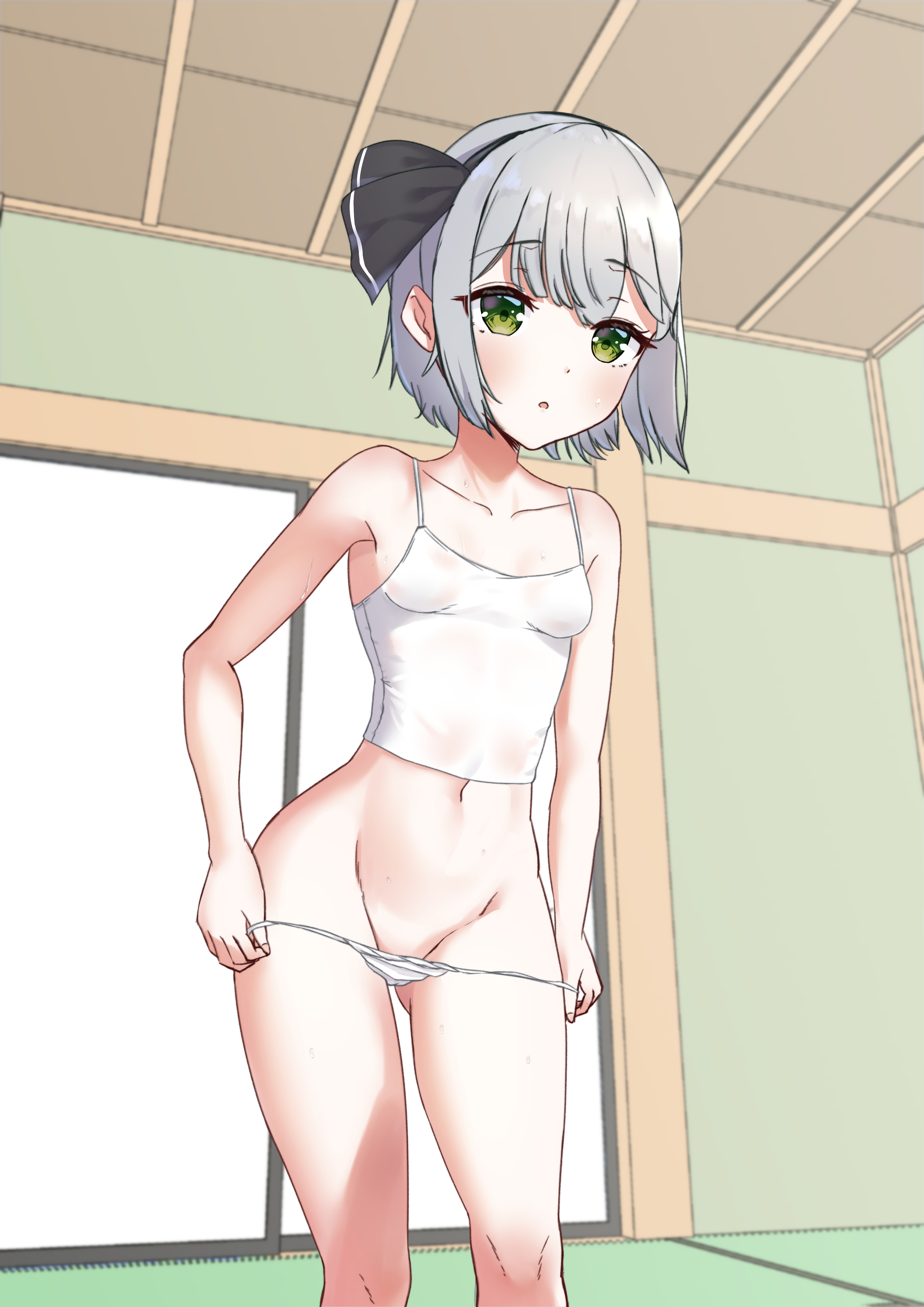 ambasa, konpaku youmu, touhou, absurdres, highres, 1girl, black hairband, breasts, camisole, chestnut mouth, green eyes, grey hair, hairband, indoors, navel, panties, parted lips, short hair, small breasts, solo, underwear, undressing, white camisole, white panties