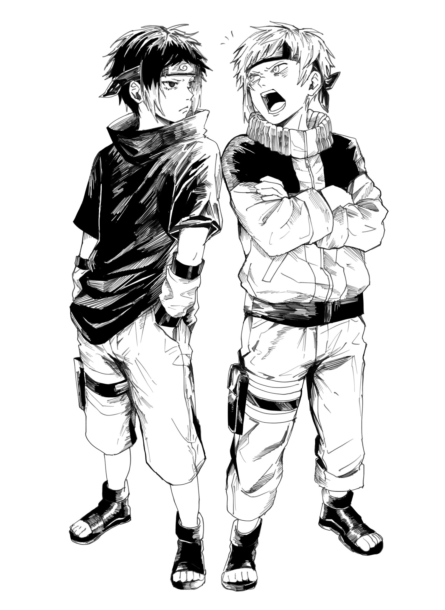 akutagawa ryuunosuke (bungou stray dogs), nakajima atsushi (bungou stray dogs), uchiha sasuke, uzumaki naruto, bungou stray dogs, highres, 2boys, closed mouth, cosplay, crossed arms, forehead protector, full body, greyscale, hand in pocket, konohagakure symbol, looking at another, male focus, monochrome, multiple boys, nikoeqo, open mouth, short hair, simple background, standing, teeth, tongue, uchiha sasuke (cosplay), uzumaki naruto (cosplay), white background