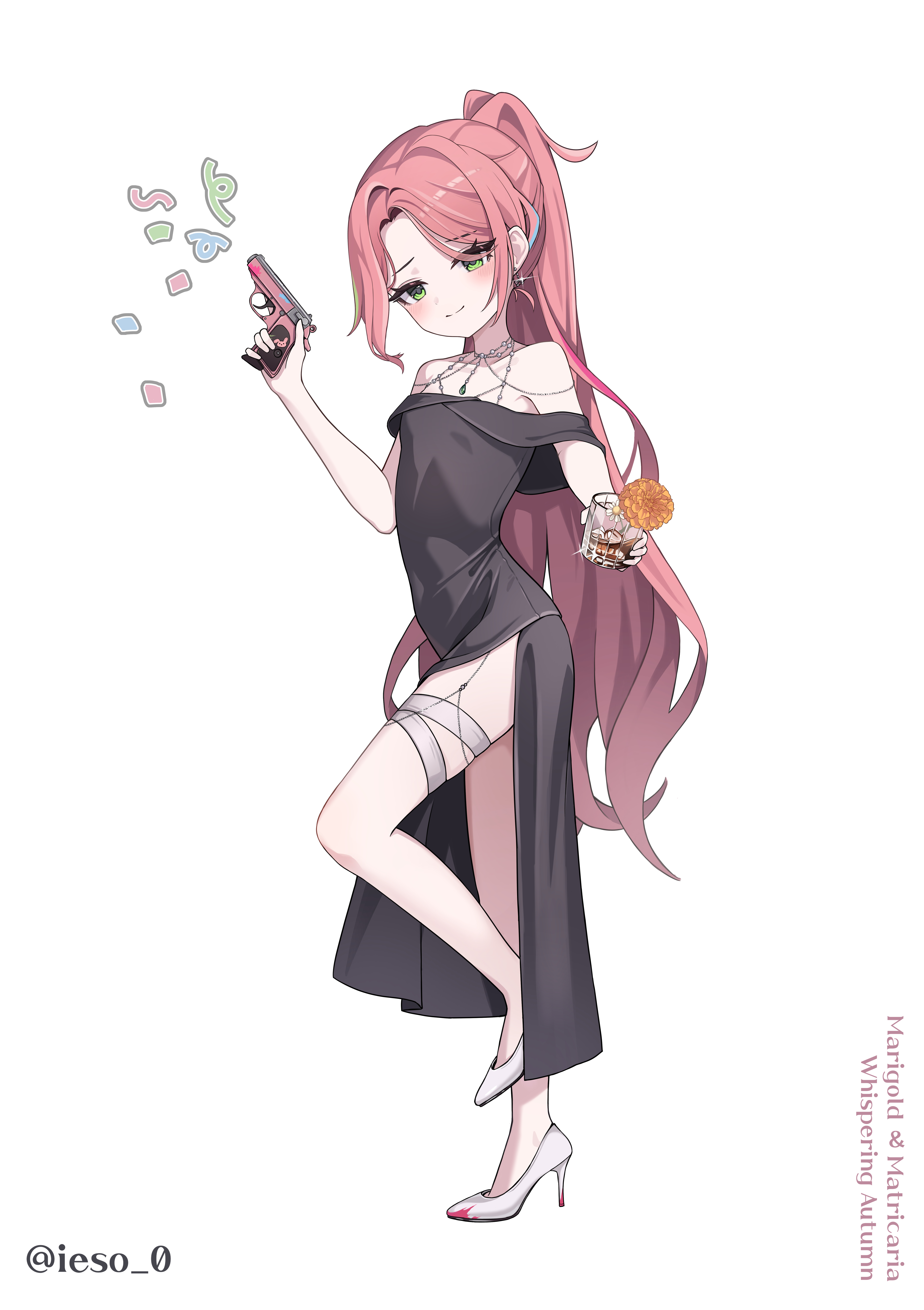 hanako nana, stellive, absurdres, commentary, highres, 1girl, alcohol, artist name, black dress, body chain, closed mouth, covered navel, cup, curtained hair, dress, drink, earrings, evening gown, flat chest, full body, glass, glint, gun, handgun, high heels, holding, holding cup, holding gun, holding weapon, ies 0, jewelry, long hair, looking at viewer, off-shoulder dress, off shoulder, pink hair, ponytail, shoes, side slit, simple background, smile, solo, split mouth, standing, standing on one leg, straight hair, thigh strap, very long hair, virtual youtuber, weapon, white background, white shoes