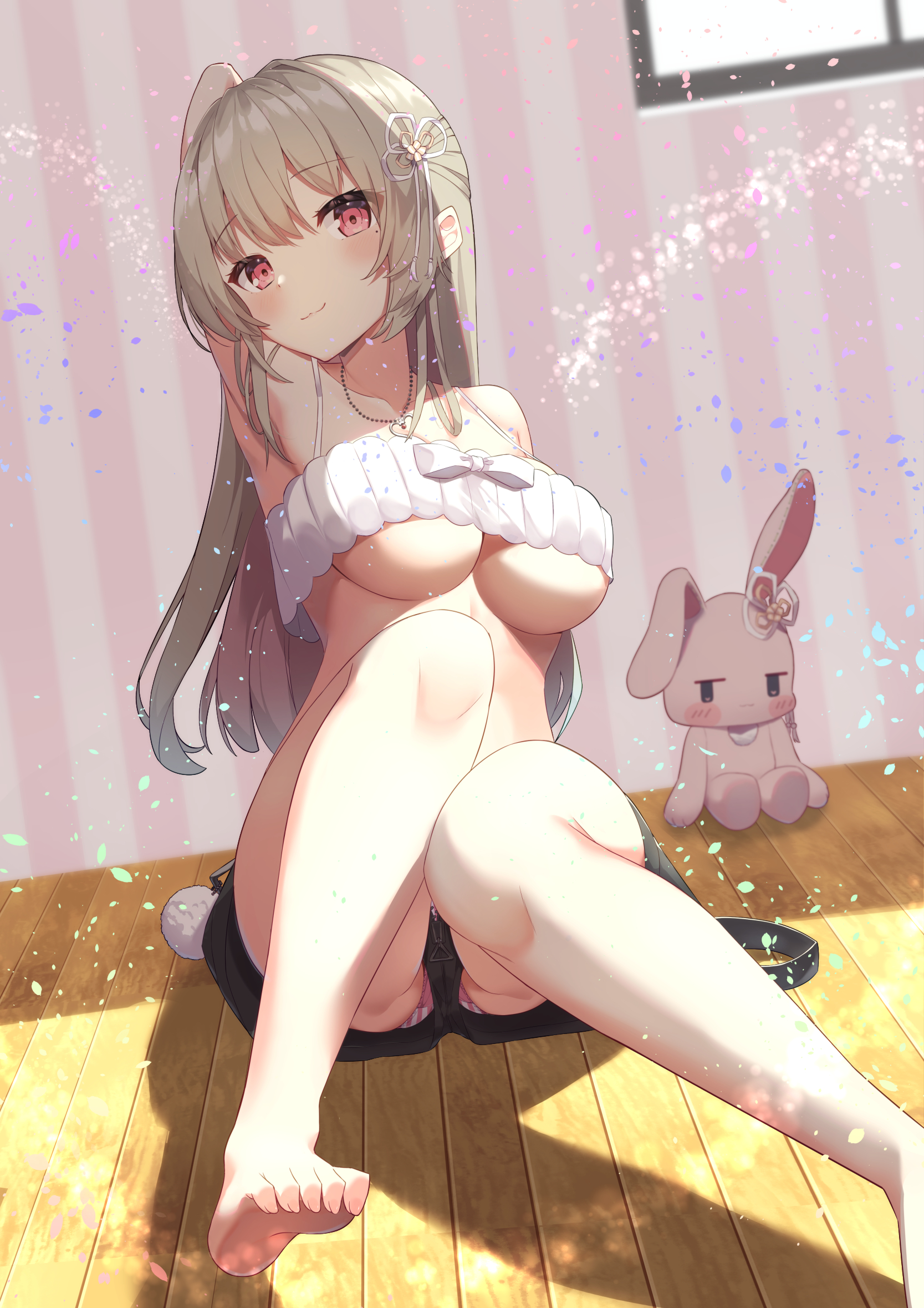 ambasa, ayaginu temari, indie virtual youtuber, commission, highres, skeb commission, 1girl, arm behind head, black shorts, blonde hair, breasts, crop top, indoors, large breasts, long hair, panties, panty peek, red eyes, short shorts, shorts, sitting, solo, stuffed animal, stuffed rabbit, stuffed toy, underboob, underwear