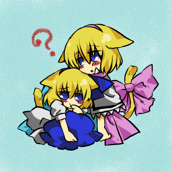 marisu, alice margatroid, alice margatroid (pc-98), mystic square, touhou, touhou (pc-98), bad id, bad pixiv id, 2girls, ?, animal ears, blonde hair, blue eyes, blush stickers, bow, cat ears, cat girl, cat tail, female focus, hairband, kemonomimi mode, multiple girls, short hair, tail, tail bow, tail ornament, time paradox