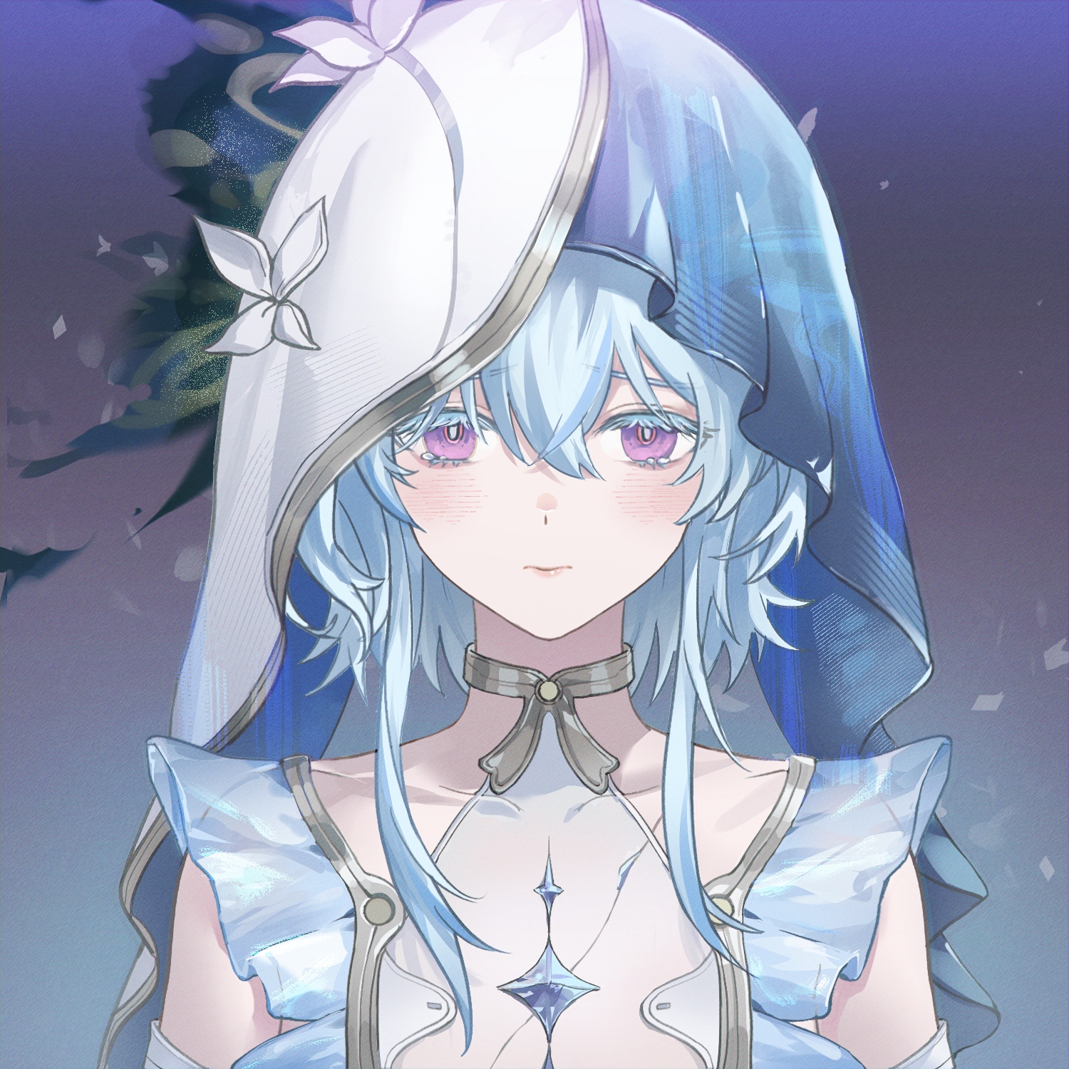 zhongyuanqing, shorekeeper (wuthering waves), wuthering waves, chinese commentary, commentary request, highres, 1girl, armlet, blue veil, closed mouth, collarbone, colored eyelashes, gradient background, hair between eyes, jewelry, light blush, long hair, looking at viewer, portrait, purple eyes, solo, straight-on, tearing up, two-tone veil, veil, white veil