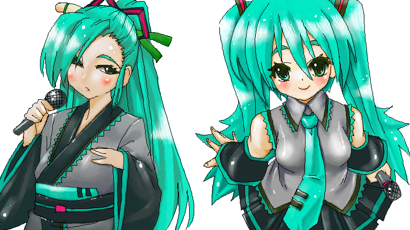ro man, hatsune miku, vocaloid, bad id, bad pixiv id, aqua hair, detached sleeves, japanese clothes, microphone, necktie, spring onion, twintails