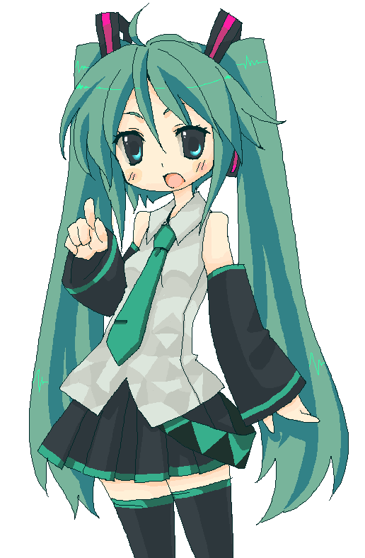 ro man, hatsune miku, vocaloid, bad id, bad pixiv id, aqua hair, headphones, long hair, necktie, pointing, solo, thighhighs, twintails, very long hair