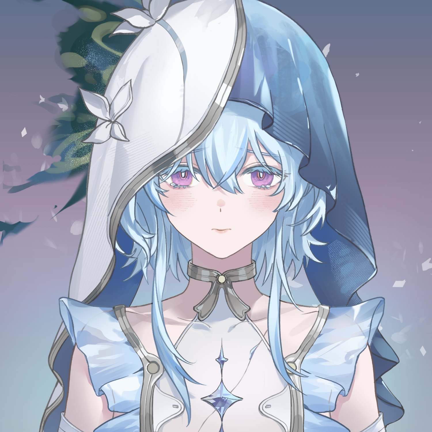 zhongyuanqing, shorekeeper (wuthering waves), wuthering waves, chinese commentary, commentary request, highres, 1girl, armlet, blue veil, closed mouth, collarbone, colored eyelashes, gradient background, hair between eyes, jewelry, light blush, long hair, looking at viewer, portrait, purple eyes, solo, straight-on, tearing up, two-tone veil, veil, white veil