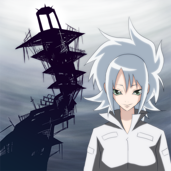 lizabell, casshern (series), casshern sins, uniform, 00s, 1girl, blue eyes, blue hair, building, closed mouth, collar, female focus, long sleeves, looking at viewer, matching hair/eyes, ponytail, ruins, smirk, solo, upper body