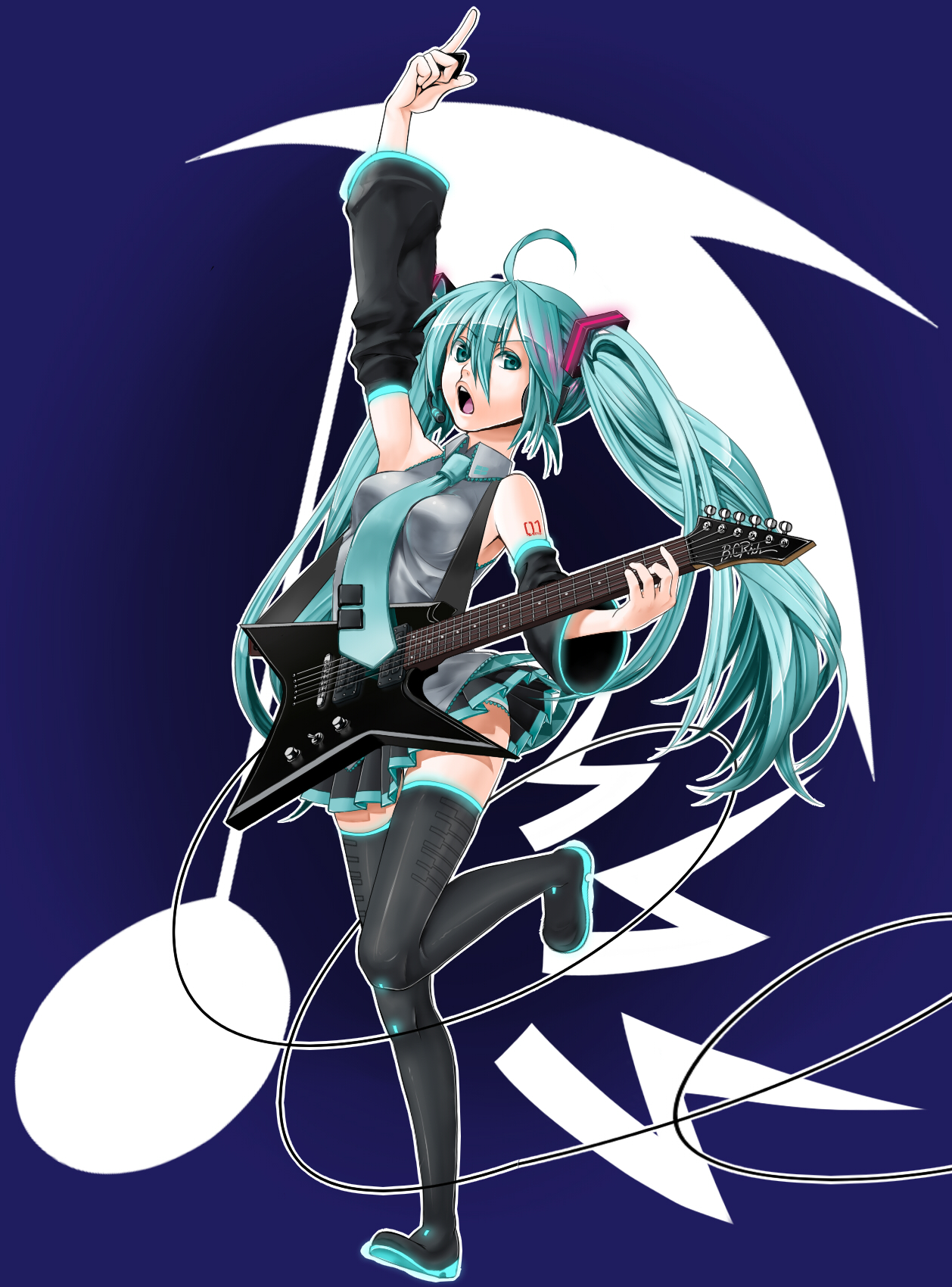 anly, hatsune miku, vocaloid, bad id, bad pixiv id, highres, aqua eyes, aqua hair, detached sleeves, guitar, headset, instrument, long hair, necktie, panties, skirt, solo, striped clothes, striped panties, thighhighs, twintails, underwear