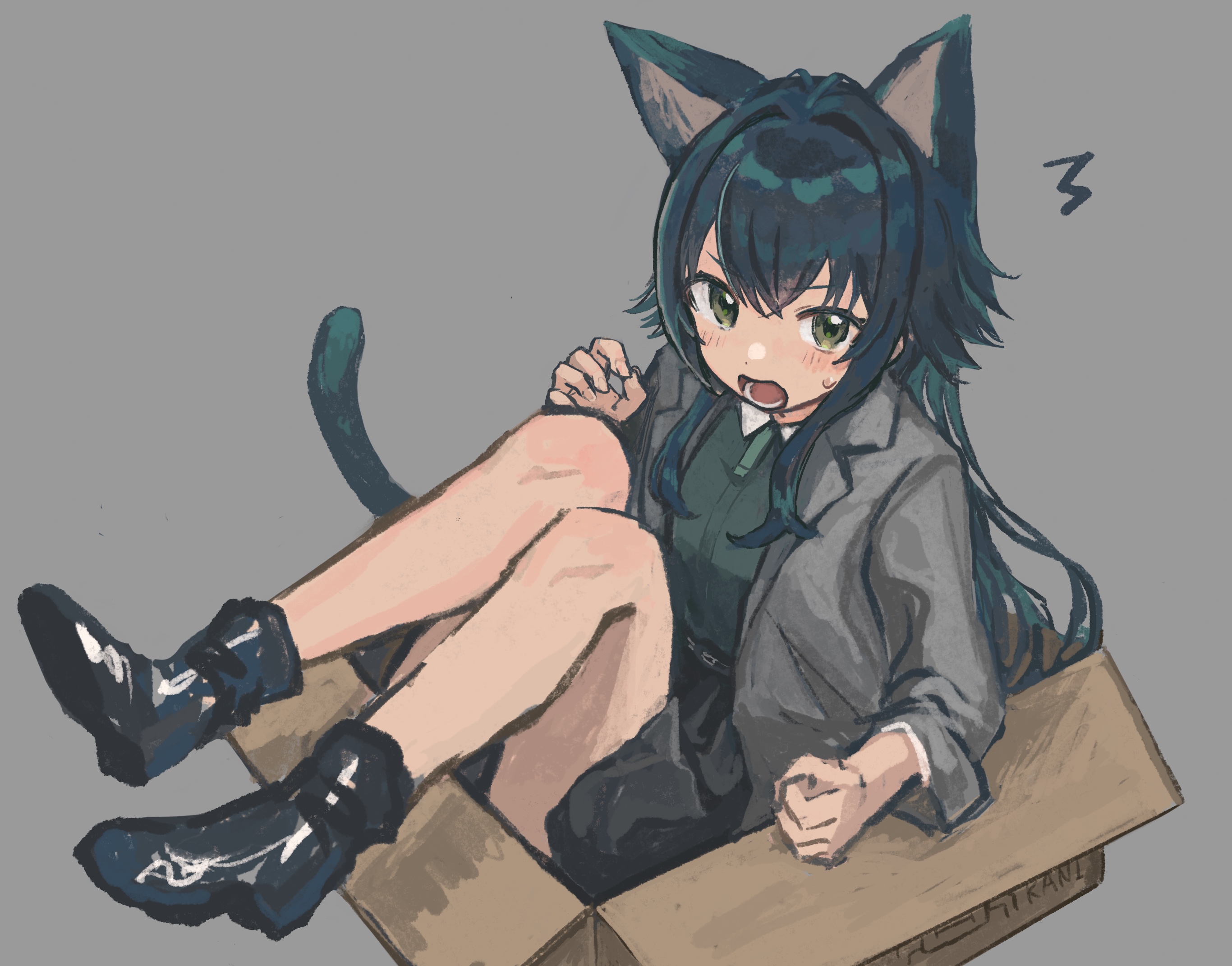 hai bokusha, tsukimura temari, gakuen idolmaster, idolmaster, commentary request, highres, 1girl, :o, animal ears, bare legs, black shoes, black skirt, blush, box, cardboard box, cat ears, cat tail, coat, green eyes, green hair, green shirt, grey background, grey coat, hair flaps, in box, in container, kemonomimi mode, legs up, long hair, looking at viewer, shirt, shoes, simple background, sitting, skirt, solo, sweatdrop, tail, very long hair