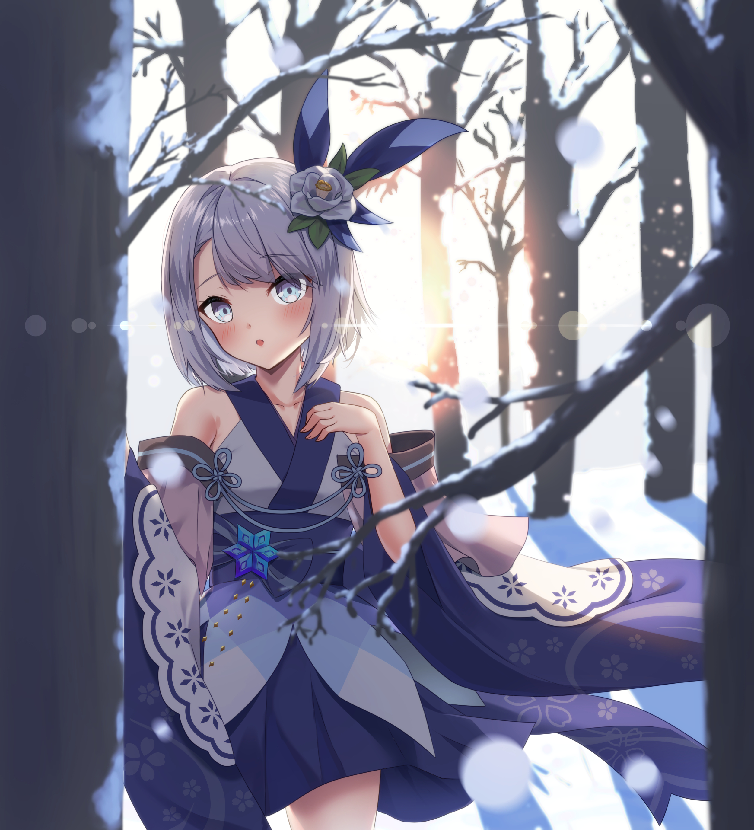 ambasa, indie virtual youtuber, absurdres, highres, 1girl, blue eyes, blue kimono, flower, grey hair, hair flower, hair ornament, japanese clothes, kimono, kimono skirt, light blush, short hair, snow, virtual youtuber, wide sleeves, winter