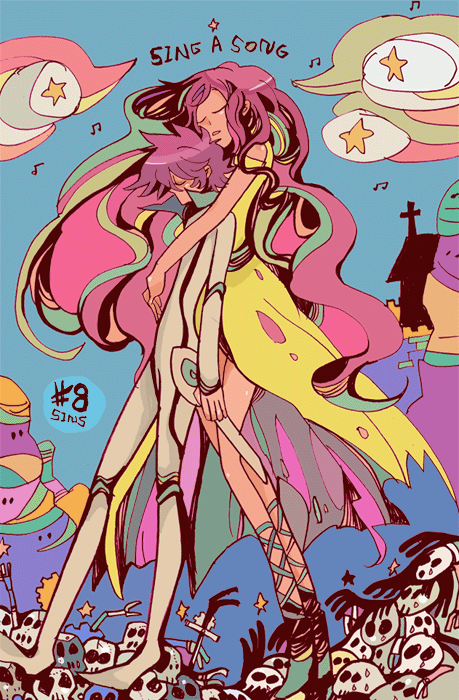 casshern, janice, janice (casshern sins), casshern (series), casshern sins, bad id, bad pixiv id, 00s, 1boy, 1girl, bodysuit, closed eyes, couple, cross, dress, hetero, hug, hug from behind, legs, long hair, multicolored hair, music, musical note, open mouth, pink hair, quaver, short hair, singing, skull, standing, star (symbol), very long hair