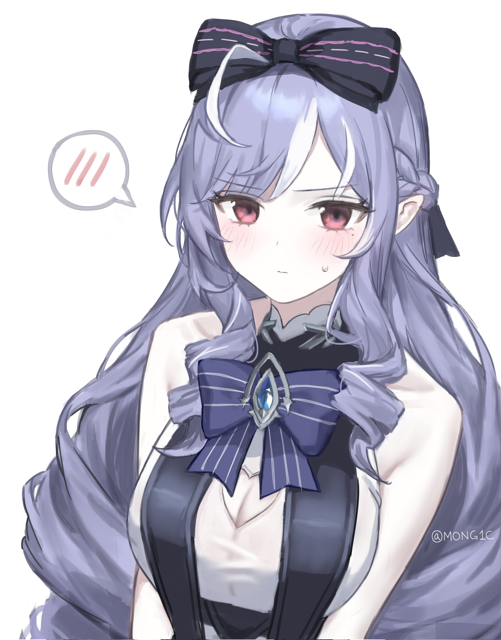 vivian banshee, vivian banshee (iris of the shore), zenless zone zero, highres, 1girl, bare shoulders, black bow, blue gemstone, blush, bow, bowtie, breasts, cleavage, closed mouth, clothing cutout, drill hair, gem, hair bow, heart cutout, long hair, looking at viewer, mole, mole under eye, mong1c, official alternate costume, one-piece swimsuit, pointy ears, purple bow, purple bowtie, purple hair, red eyes, see-through clothes, sideboob cutout, solo, speech bubble, sweat, swimsuit, thought bubble, twitter username, white background