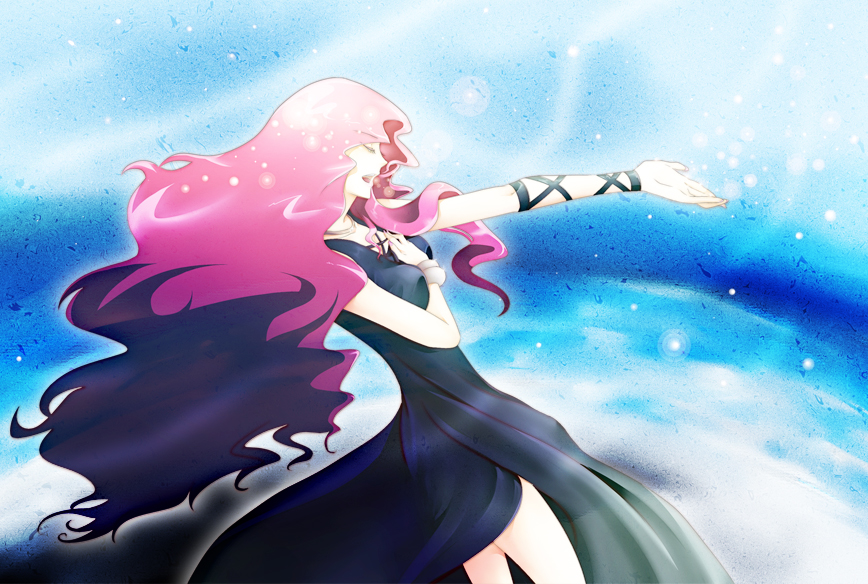 janice, janice (casshern sins), casshern (series), casshern sins, 00s, 1girl, closed eyes, dress, female focus, glowing, jewelry, long hair, music, necklace, open mouth, outstretched arm, outstretched hand, pink hair, red hair, singing, solo, standing, thighs, very long hair, wavy hair