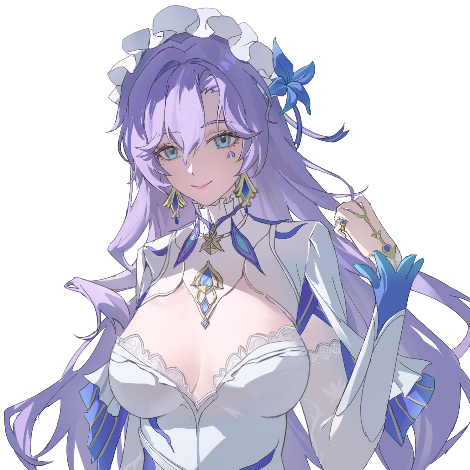 zhongyuanqing, cantarella (wuthering waves), wuthering waves, commentary request, highres, 1girl, blue eyes, blue flower, breasts, closed mouth, facial mark, flower, hair between eyes, hair flower, hair ornament, headdress, large breasts, long hair, looking at viewer, mark under eye, purple hair, simple background, smile, solo, upper body, white background