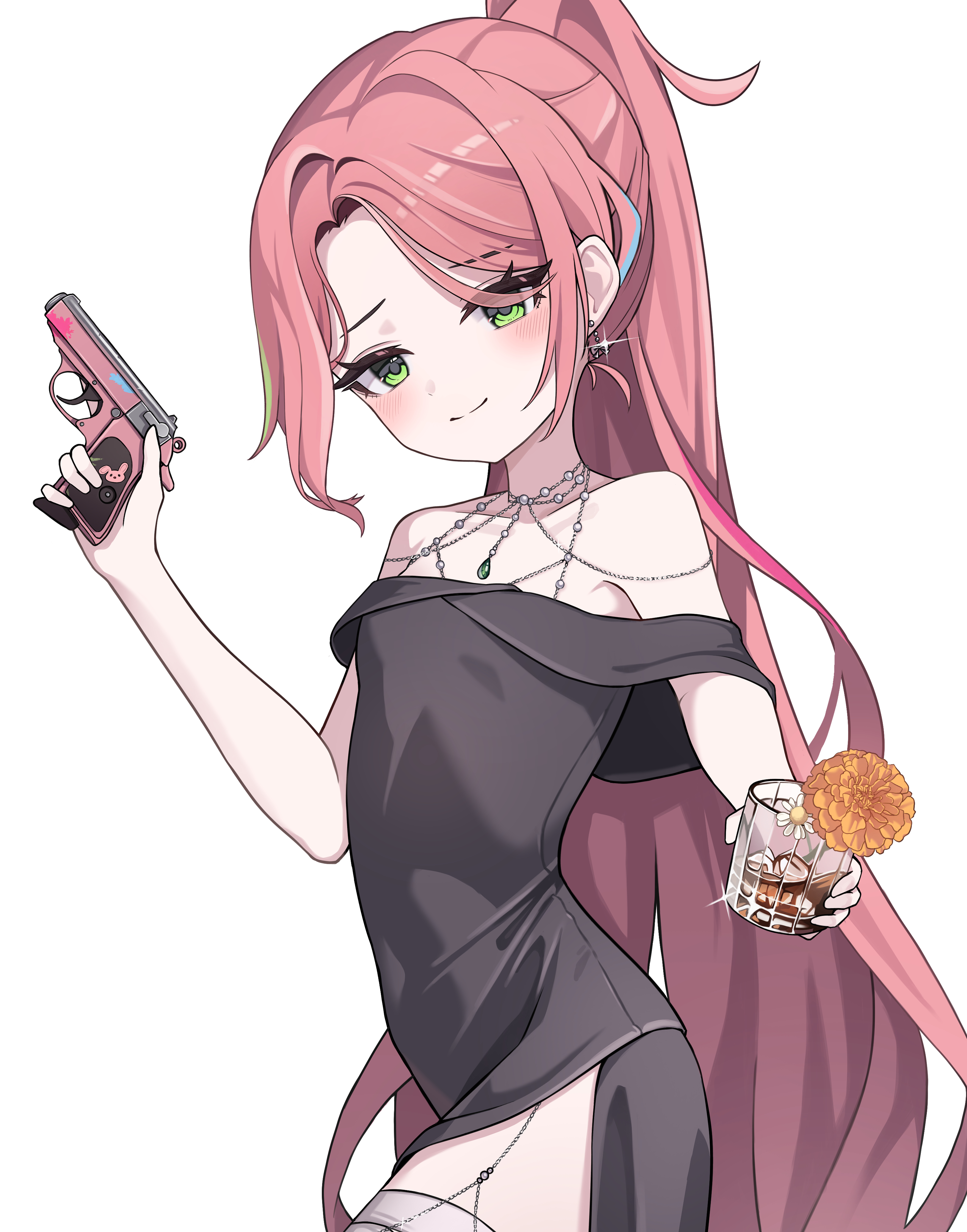 hanako nana, stellive, absurdres, commentary, highres, 1girl, alcohol, black dress, body chain, closed mouth, covered navel, cup, curtained hair, dress, drink, earrings, flat chest, glass, glint, gun, handgun, holding, holding cup, holding gun, holding weapon, ies 0, jewelry, long hair, looking at viewer, off-shoulder dress, off shoulder, pink hair, ponytail, side slit, simple background, smile, solo, split mouth, standing, straight hair, thigh strap, very long hair, virtual youtuber, weapon, white background